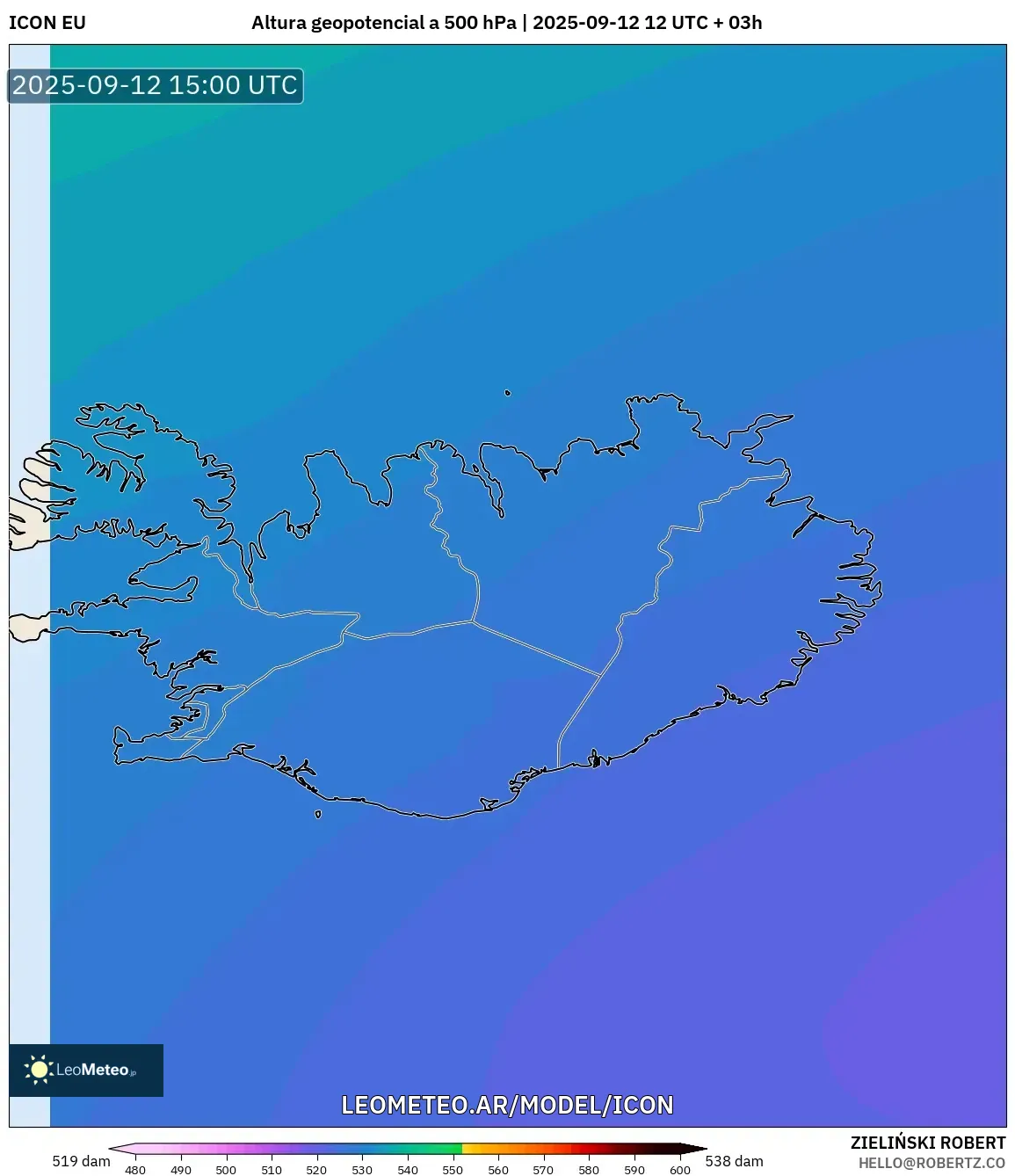 ICON model - Islandia, Altura geopotencial a 500 hPa