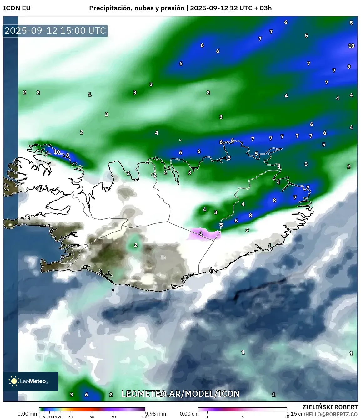 ICON model - Islandia, Precipitación, nubes y presión
