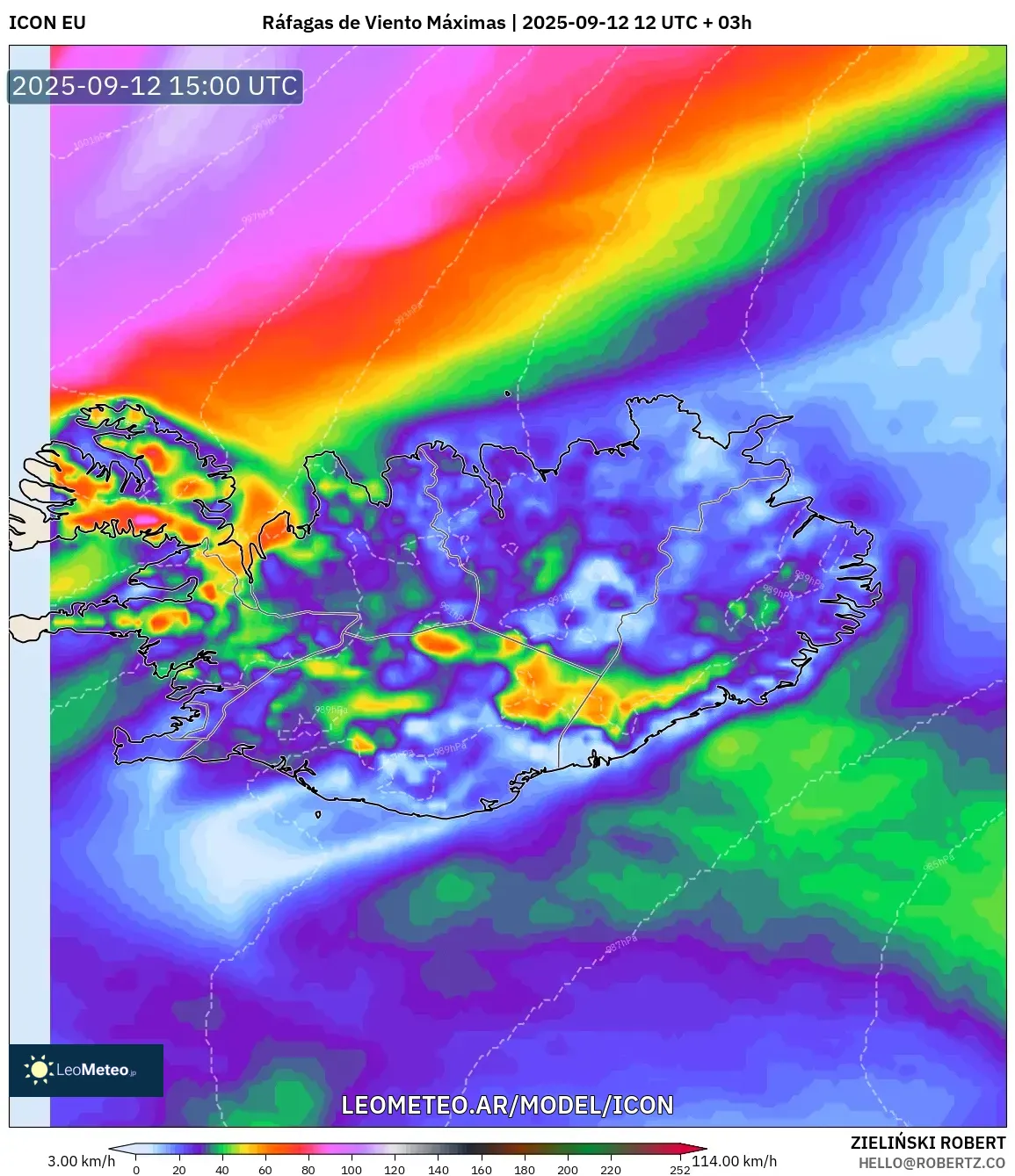 ICON model - Islandia, Ráfagas de Viento Máximas