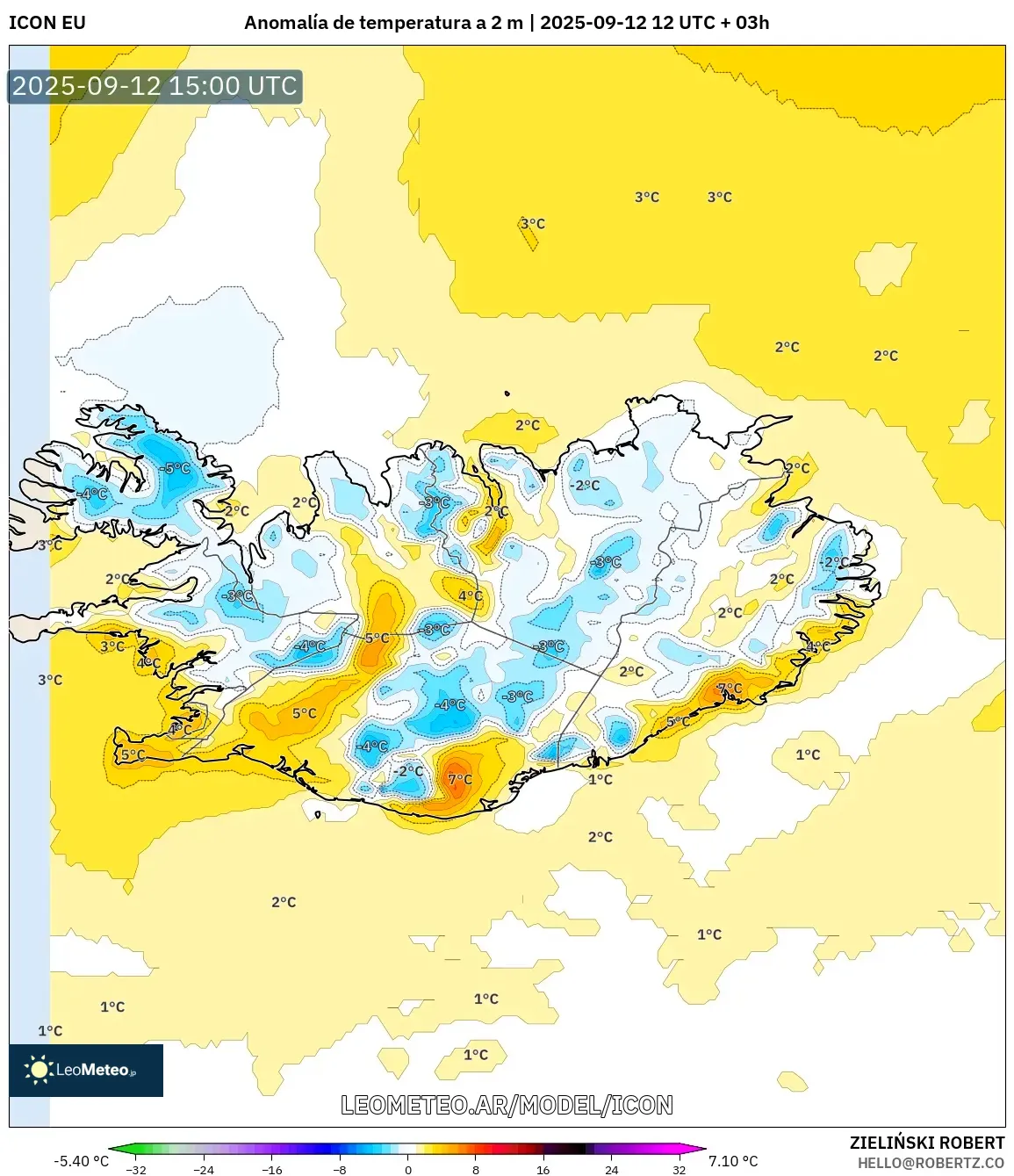 ICON model - Islandia, Anomalía de temperatura a 2 m ICON model - Islandia, Anomalía de temperatura a 2 m