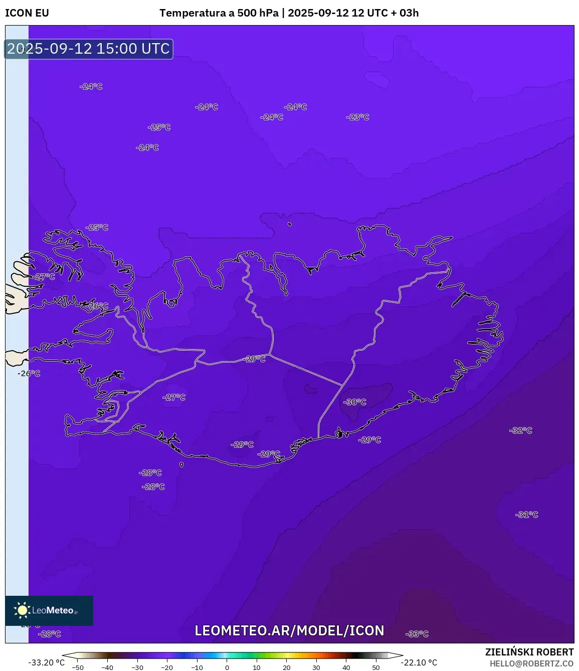 ICON model - Islandia, Temperatura a 500 hPa