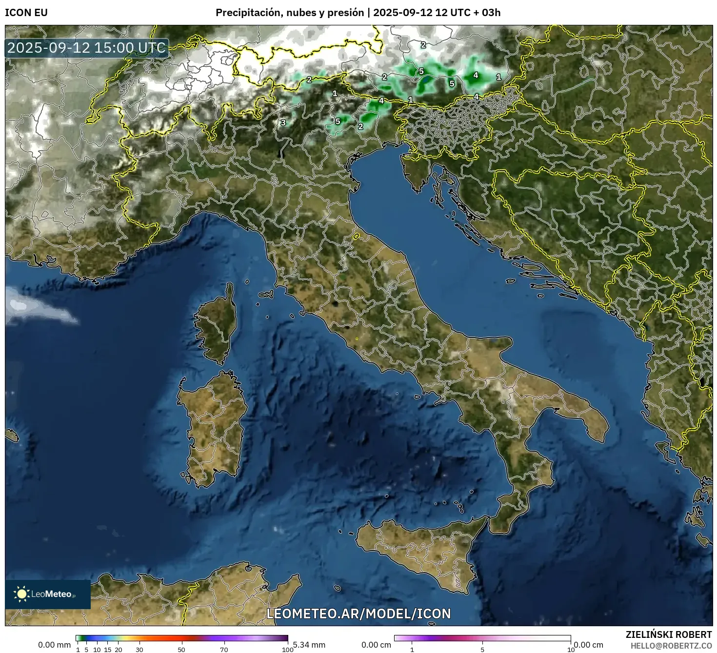 ICON model - Italia, Precipitación, nubes y presión