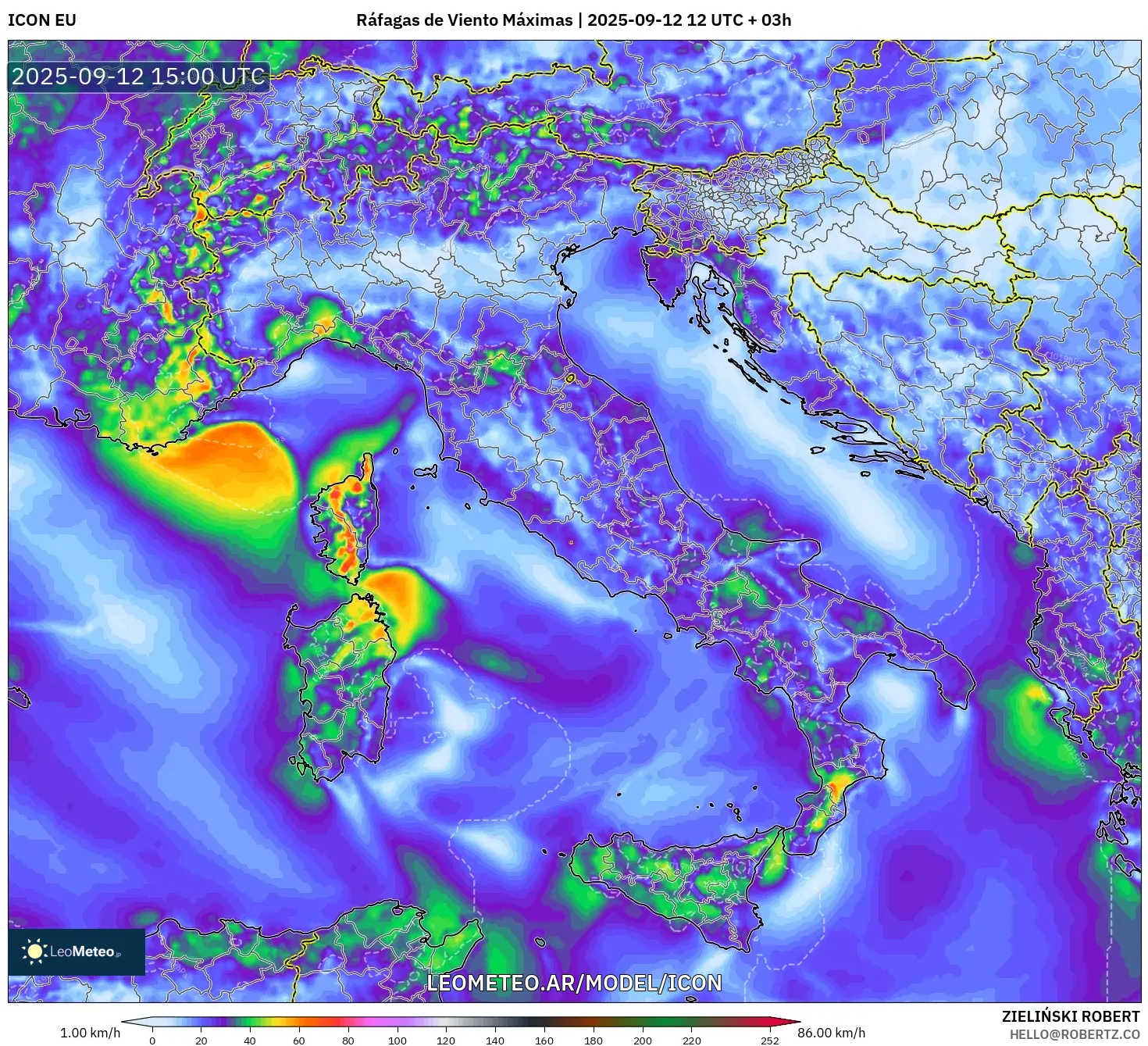 ICON model - Italia, Ráfagas de Viento Máximas ICON model - Italia, Ráfagas de Viento Máximas