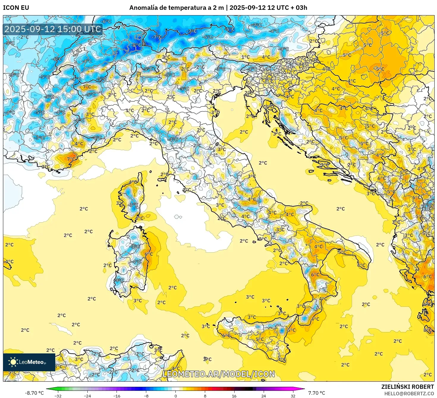 ICON model - Italia, Anomalía de temperatura a 2 m