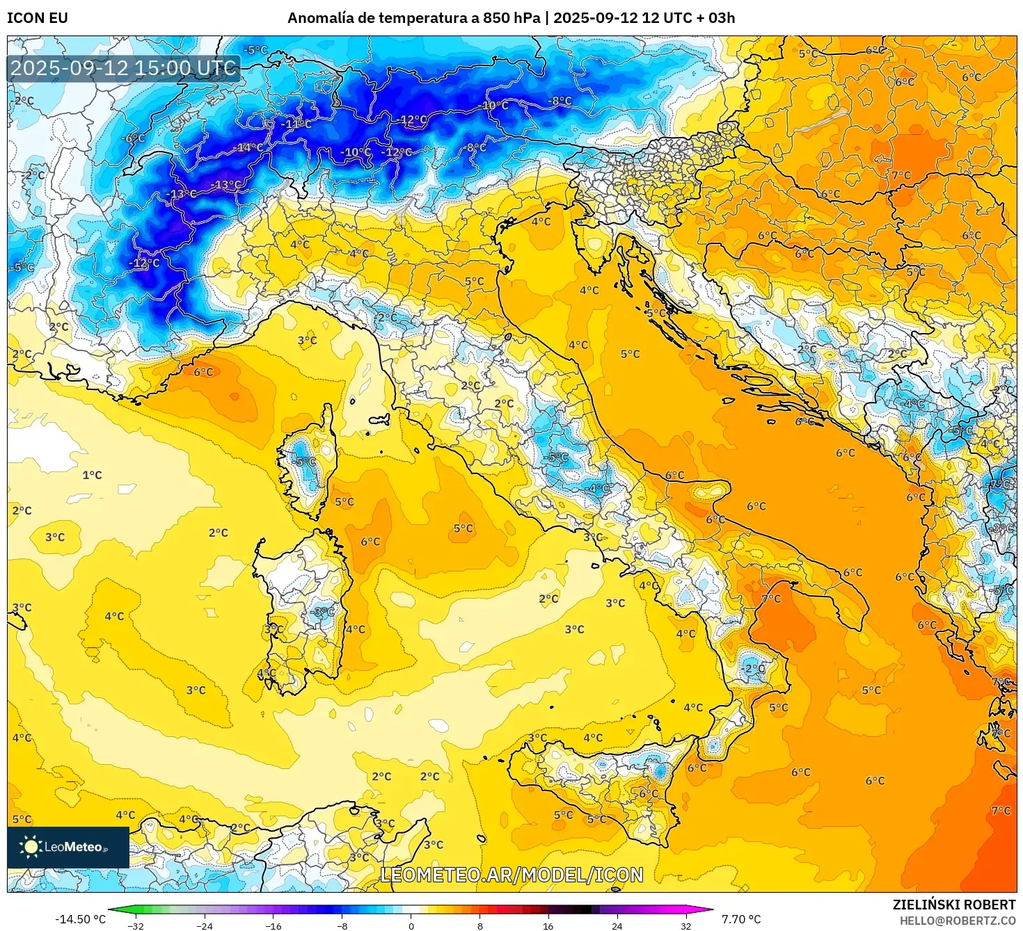 ICON model - Italia, Anomalía de temperatura a 850 hPa