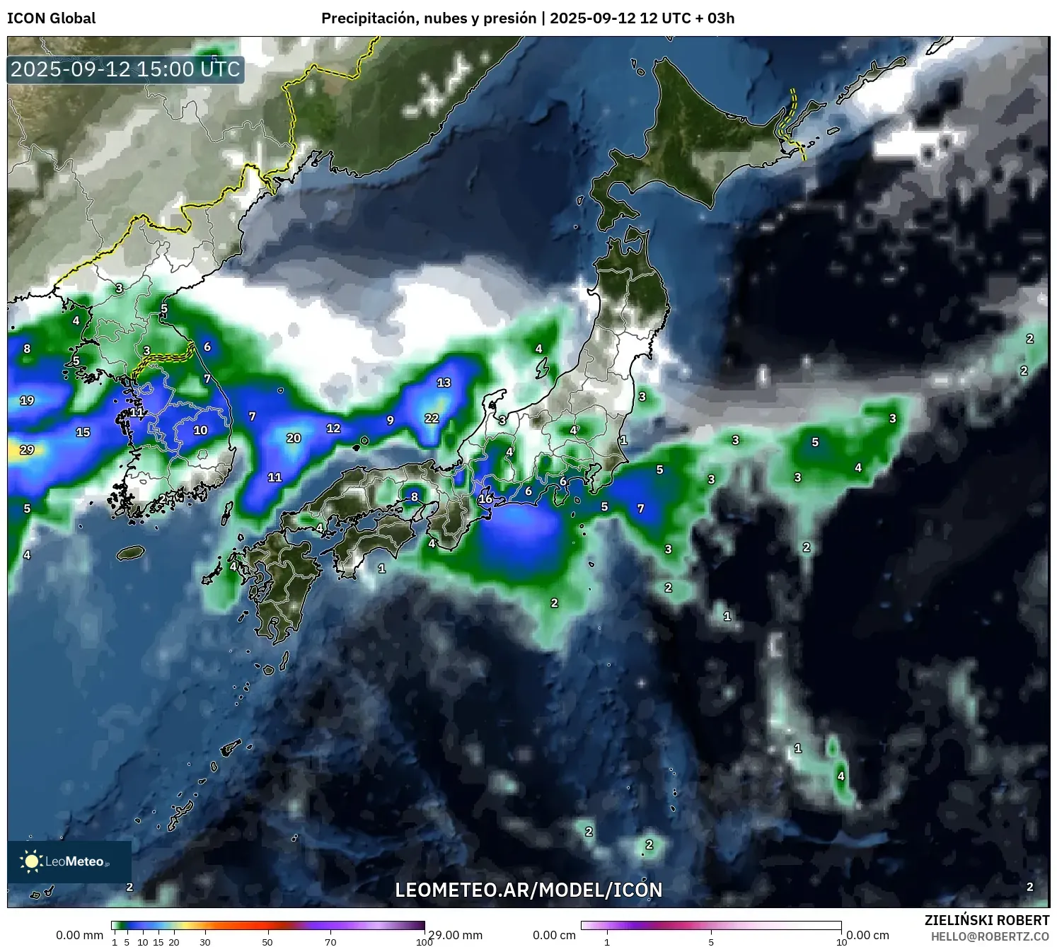 ICON model - Japón, Precipitación, nubes y presión