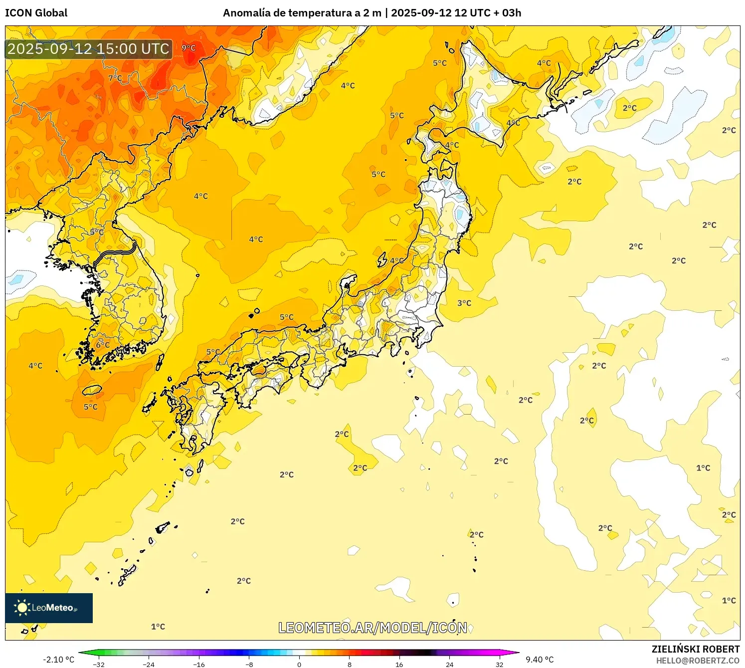 ICON model - Japón, Anomalía de temperatura a 2 m ICON model - Japón, Anomalía de temperatura a 2 m