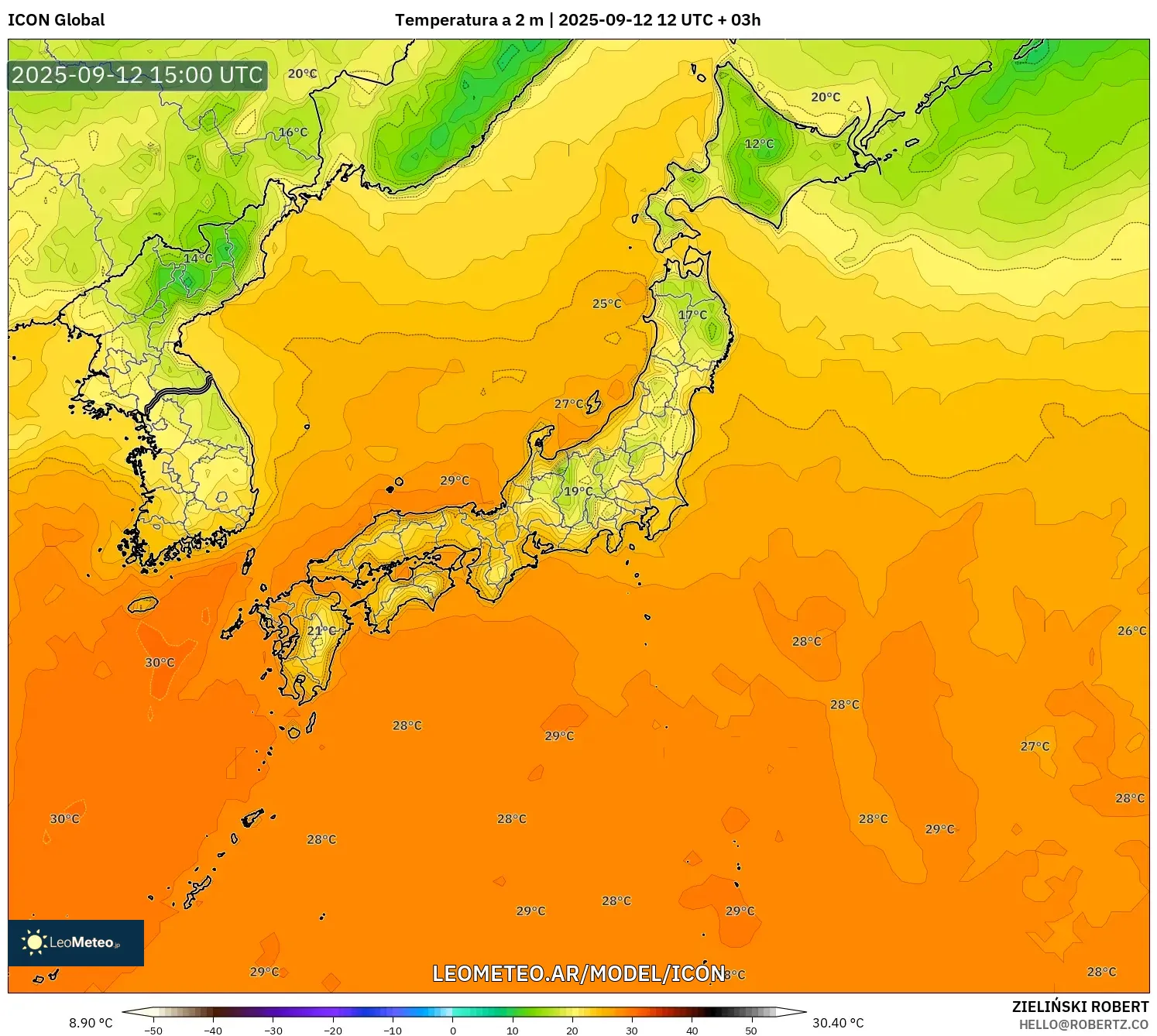 ICON model - Japón, Temperatura a 2 m ICON model - Japón, Temperatura a 2 m