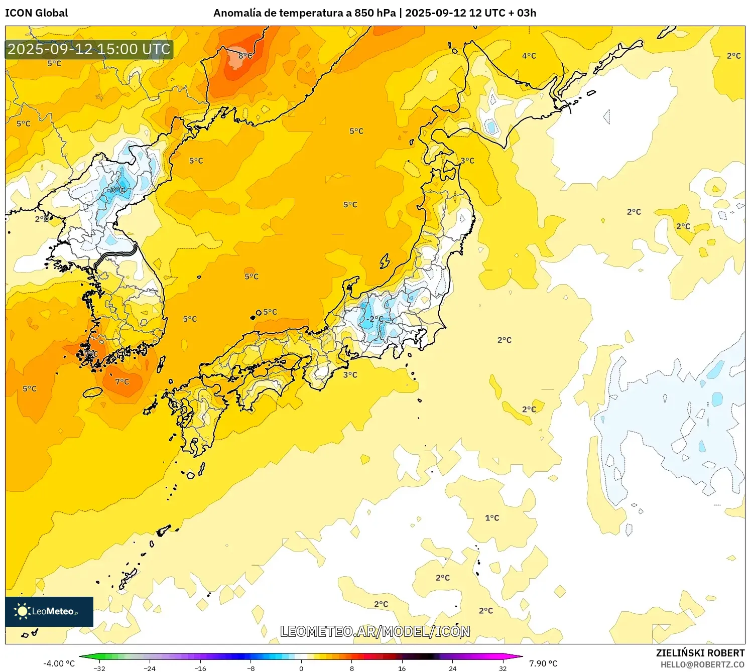 ICON model - Japón, Anomalía de temperatura a 850 hPa ICON model - Japón, Anomalía de temperatura a 850 hPa