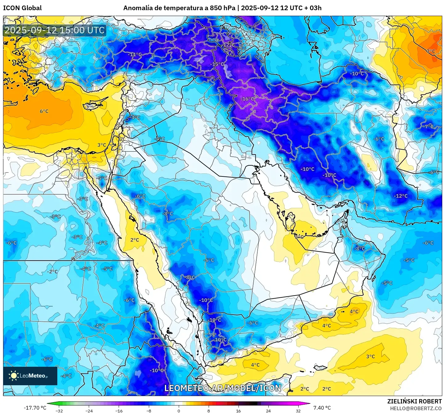 ICON model - Oriente Medio, Anomalía de temperatura a 850 hPa ICON model - Oriente Medio, Anomalía de temperatura a 850 hPa