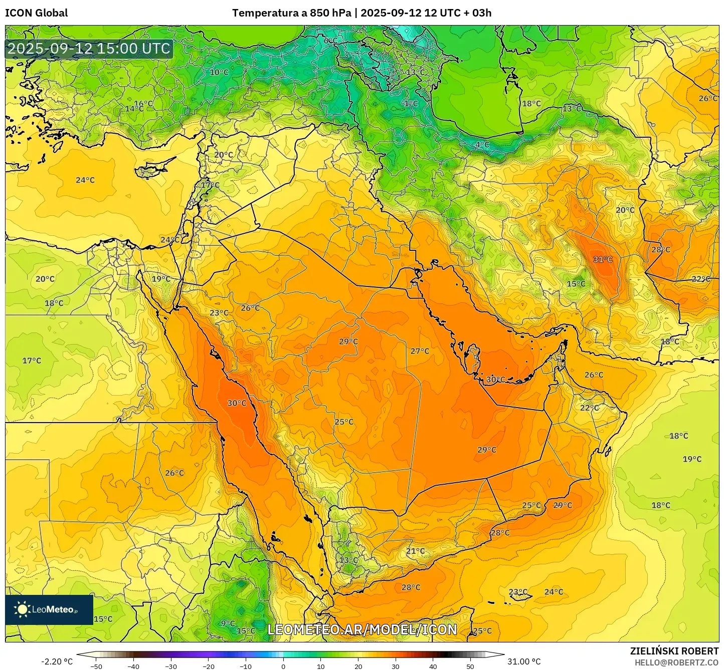 ICON model - Oriente Medio, Temperatura a 850 hPa ICON model - Oriente Medio, Temperatura a 850 hPa