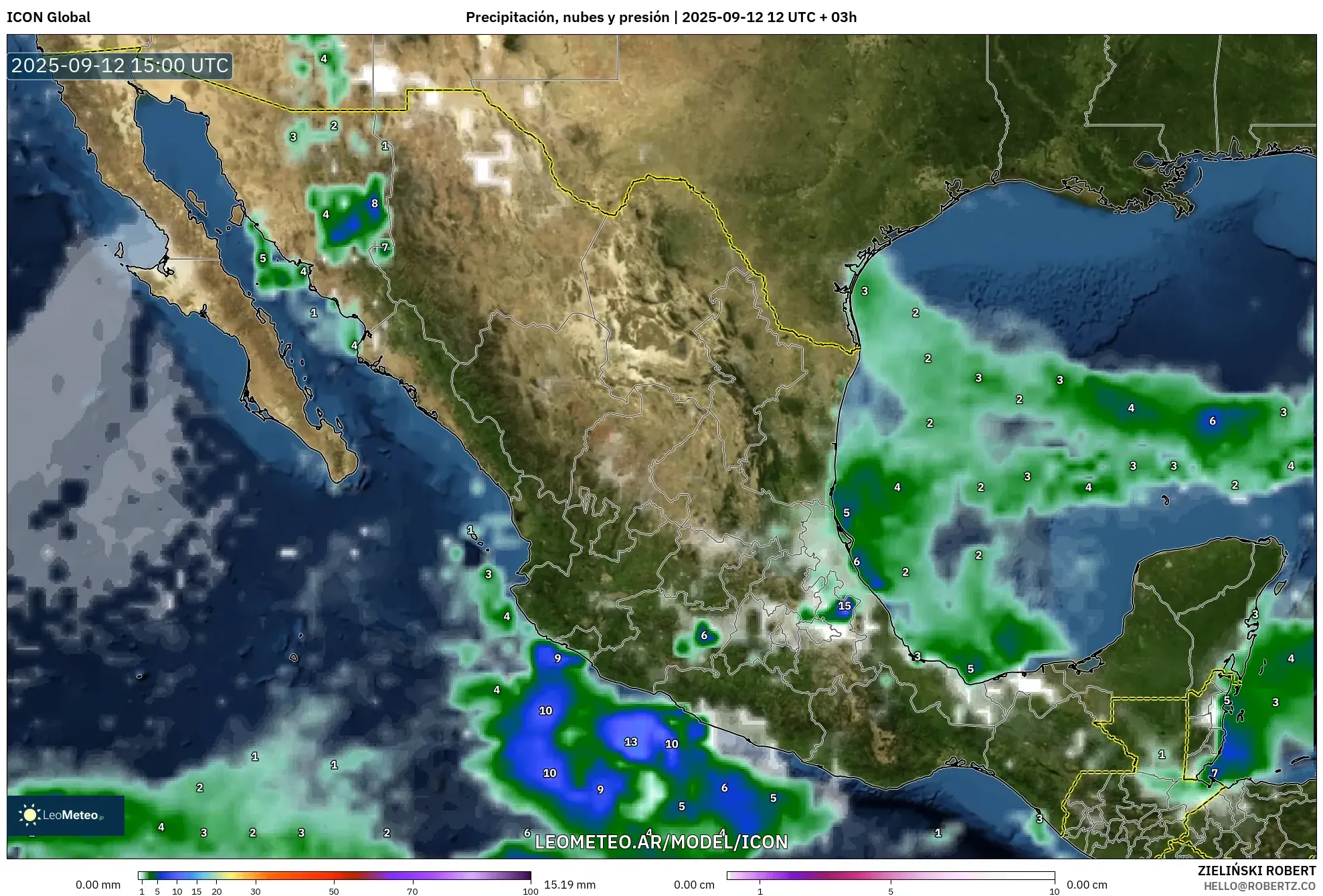ICON model - México, Precipitación, nubes y presión ICON model - México, Precipitación, nubes y presión