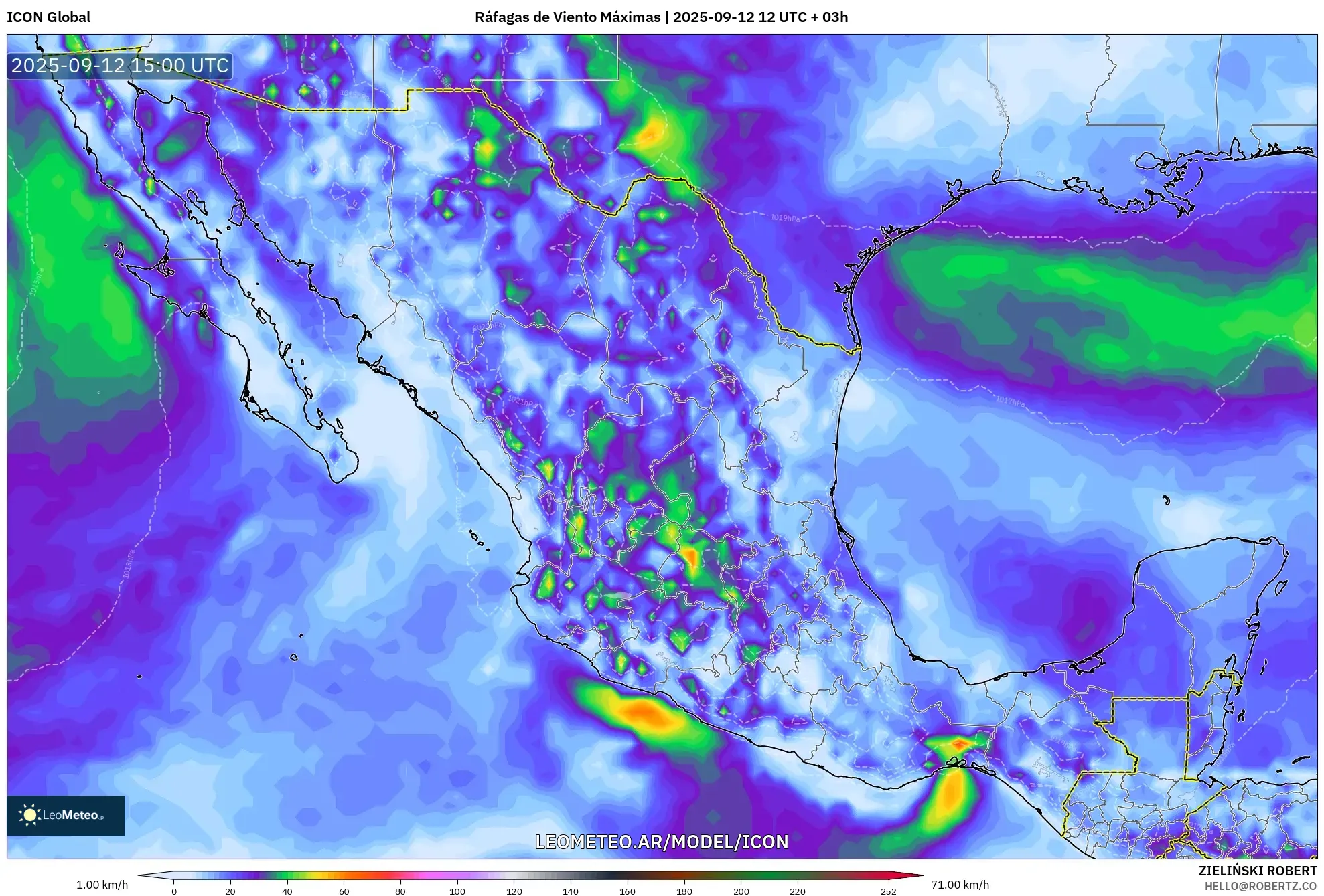 ICON model - México, Ráfagas de Viento Máximas ICON model - México, Ráfagas de Viento Máximas