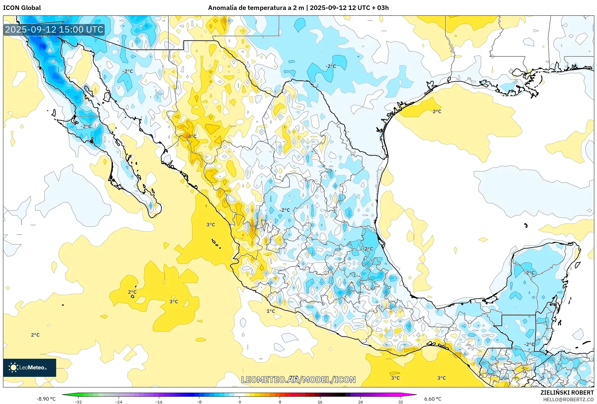 ICON model - México, Anomalía de temperatura a 2 m