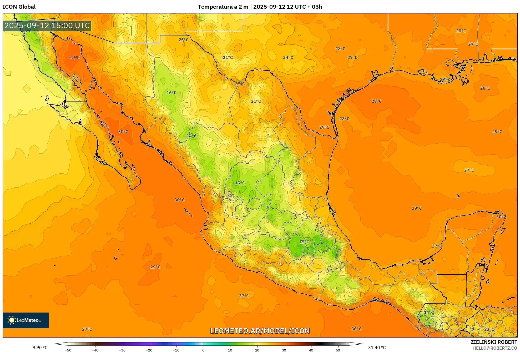 ICON model - México, Temperatura a 2 m ICON model - México, Temperatura a 2 m