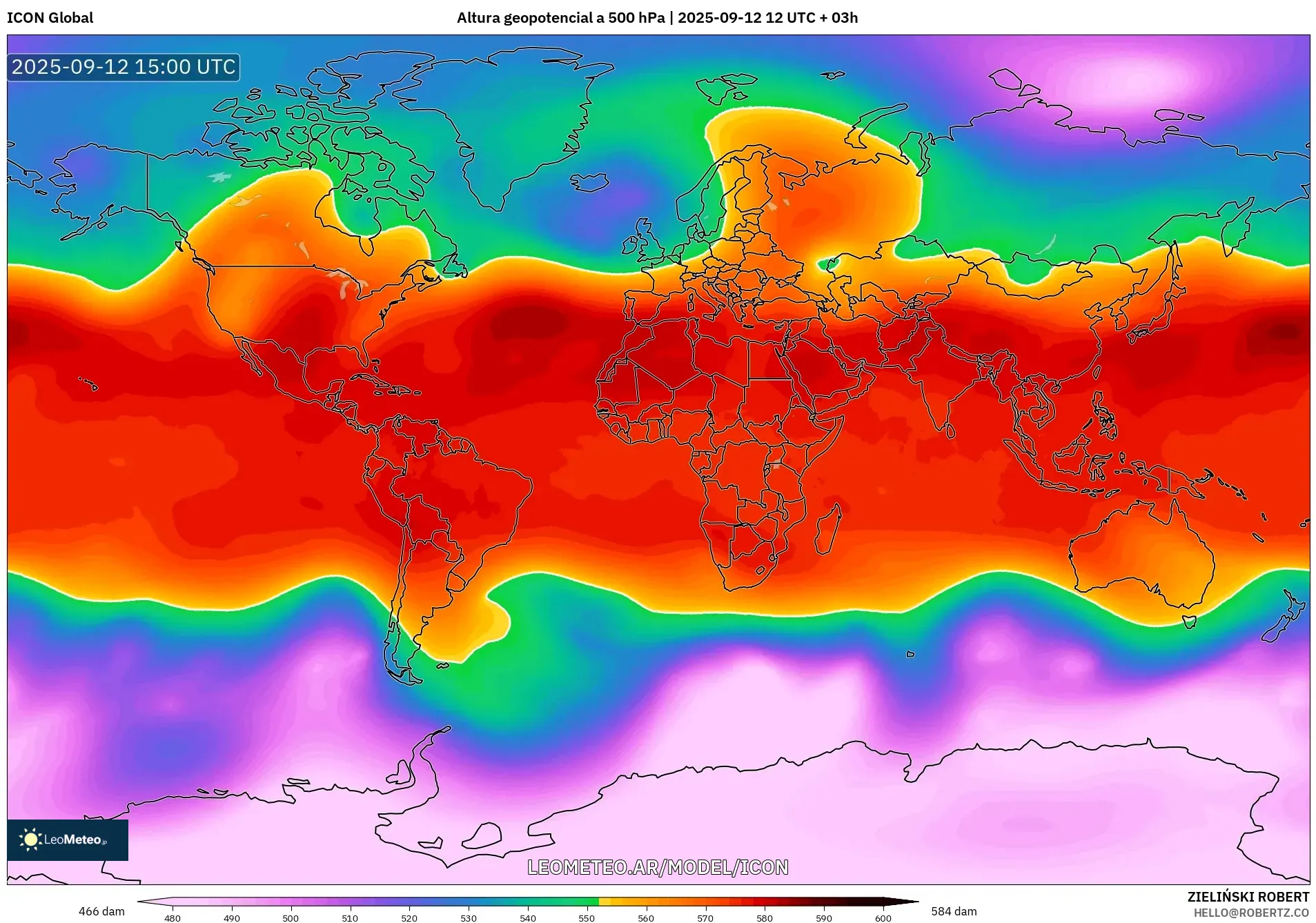 ICON model - Mundo, Altura geopotencial a 500 hPa