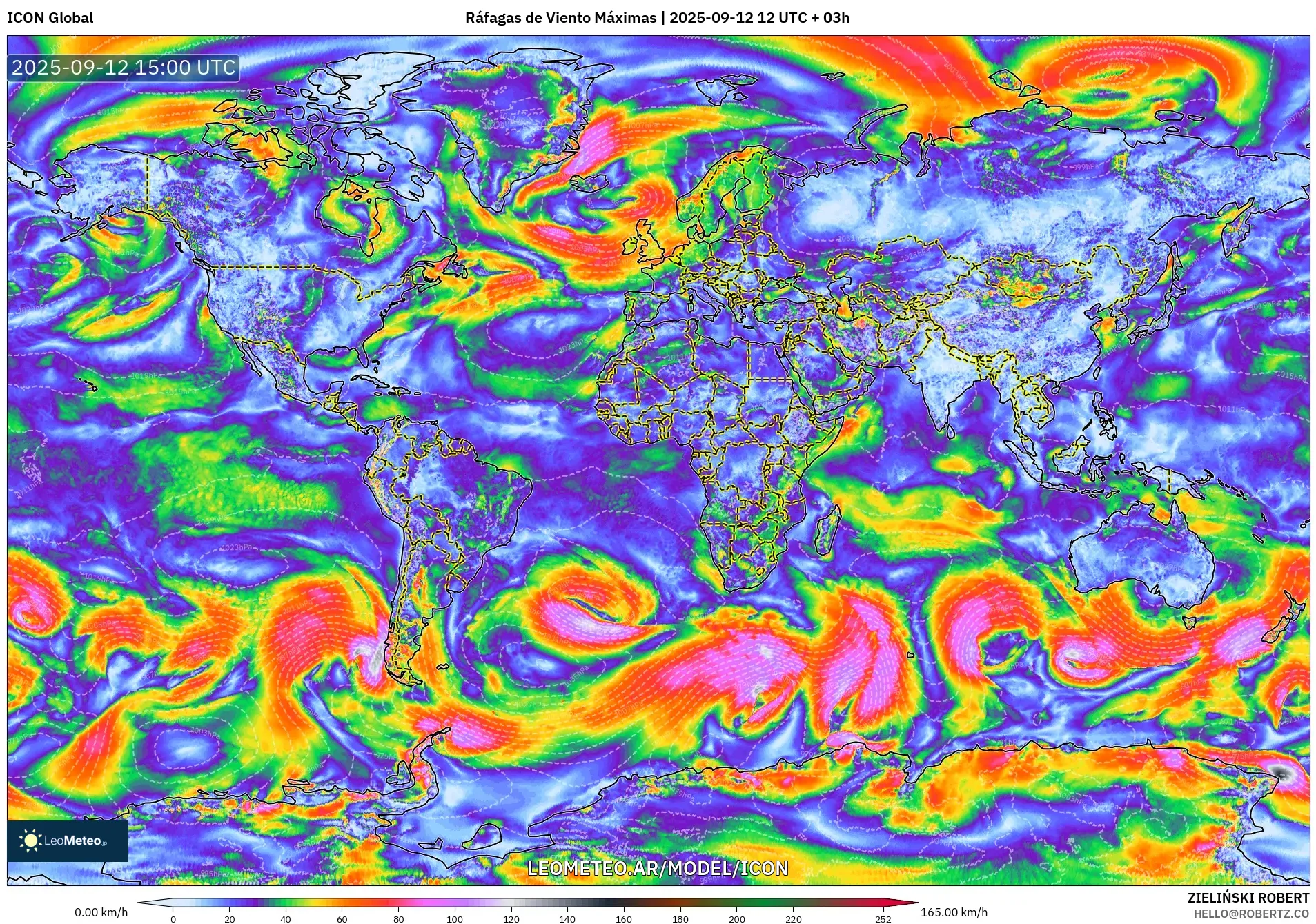 ICON model - Mundo, Ráfagas de Viento Máximas