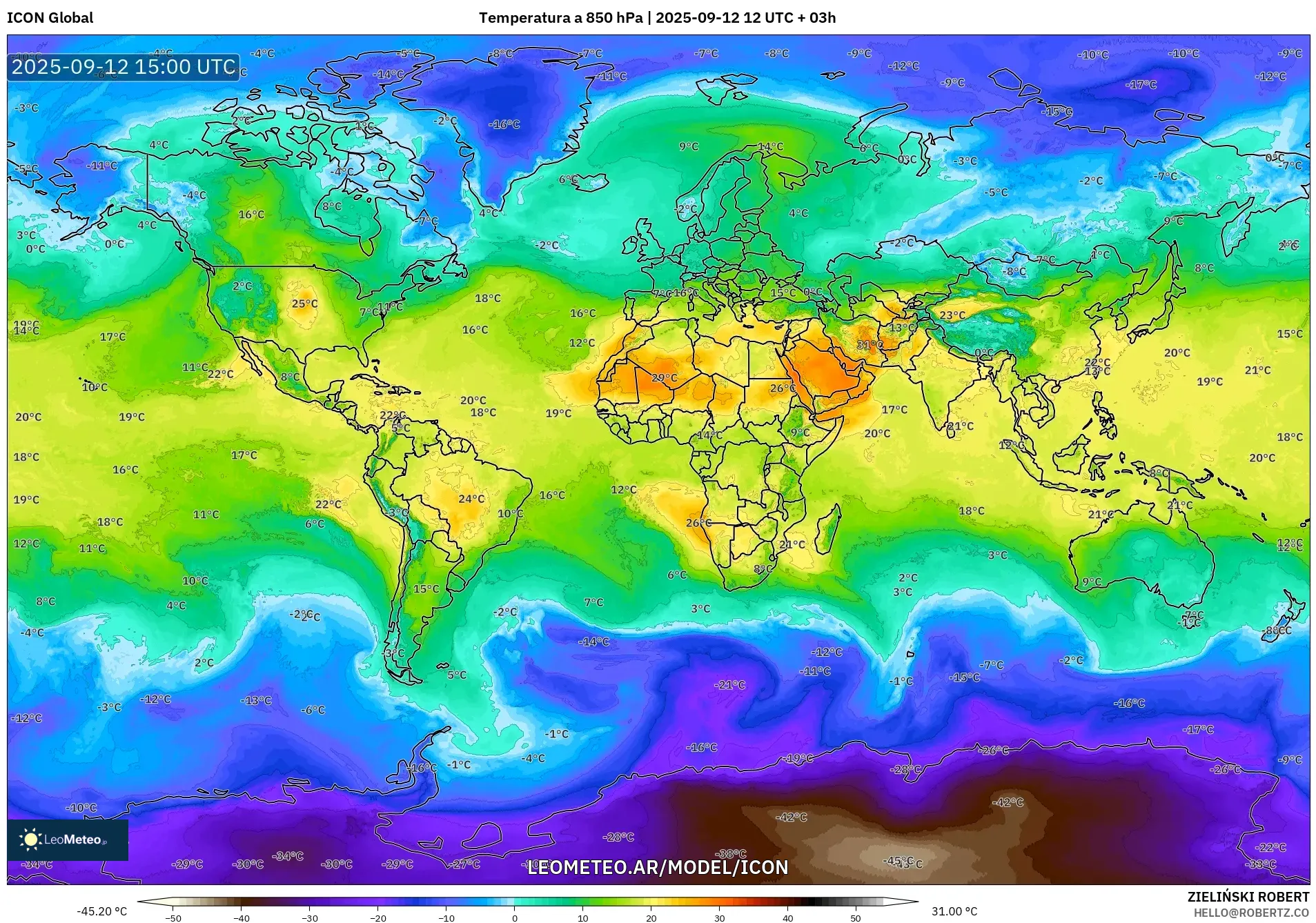 ICON model - Mundo, Temperatura a 850 hPa