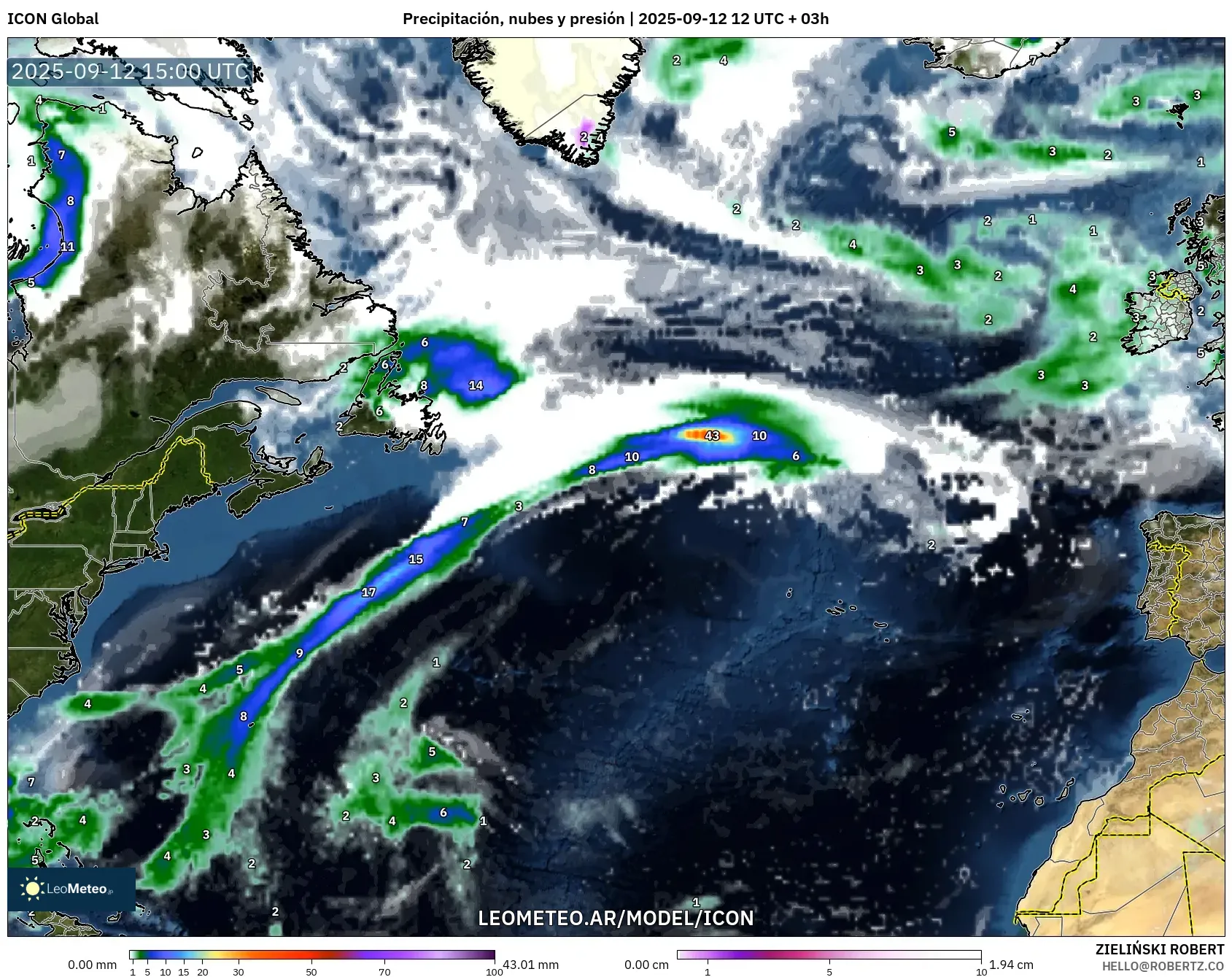 ICON model - Norte Atlántico, Precipitación, nubes y presión ICON model - Norte Atlántico, Precipitación, nubes y presión