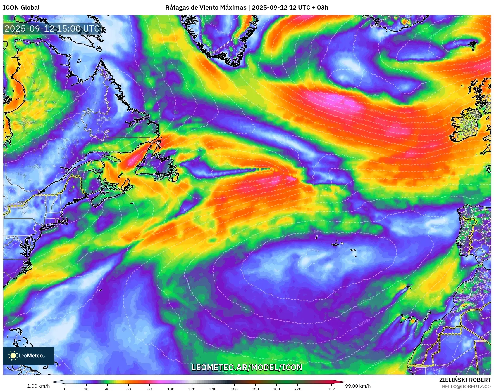 ICON model - Norte Atlántico, Ráfagas de Viento Máximas ICON model - Norte Atlántico, Ráfagas de Viento Máximas