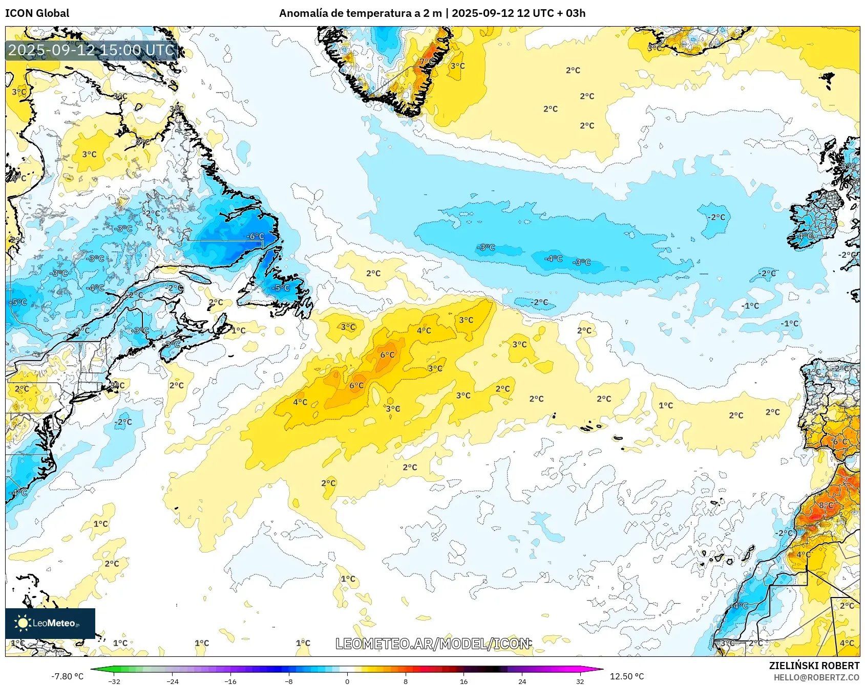 ICON model - Norte Atlántico, Anomalía de temperatura a 2 m ICON model - Norte Atlántico, Anomalía de temperatura a 2 m
