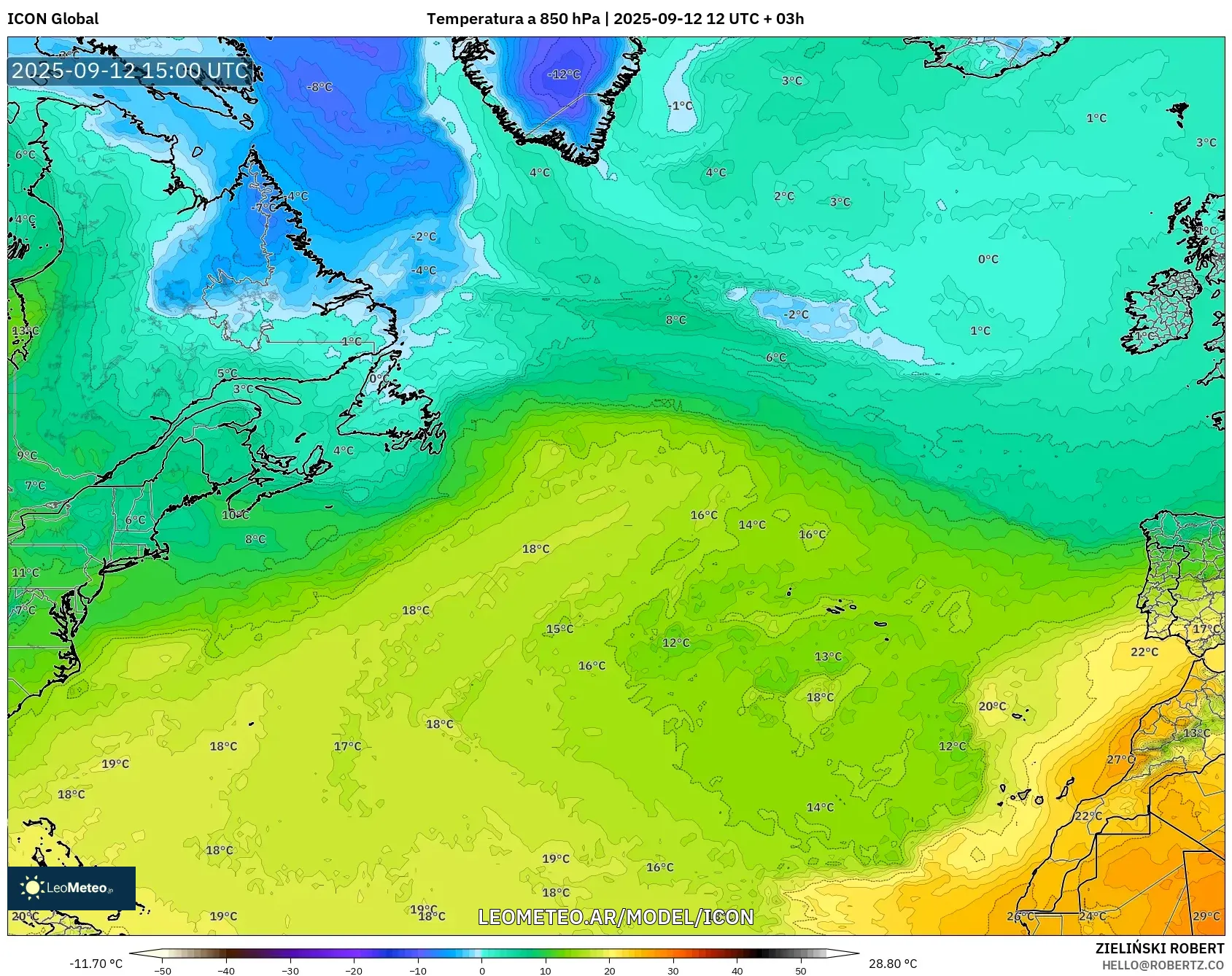 ICON model - Norte Atlántico, Temperatura a 850 hPa ICON model - Norte Atlántico, Temperatura a 850 hPa