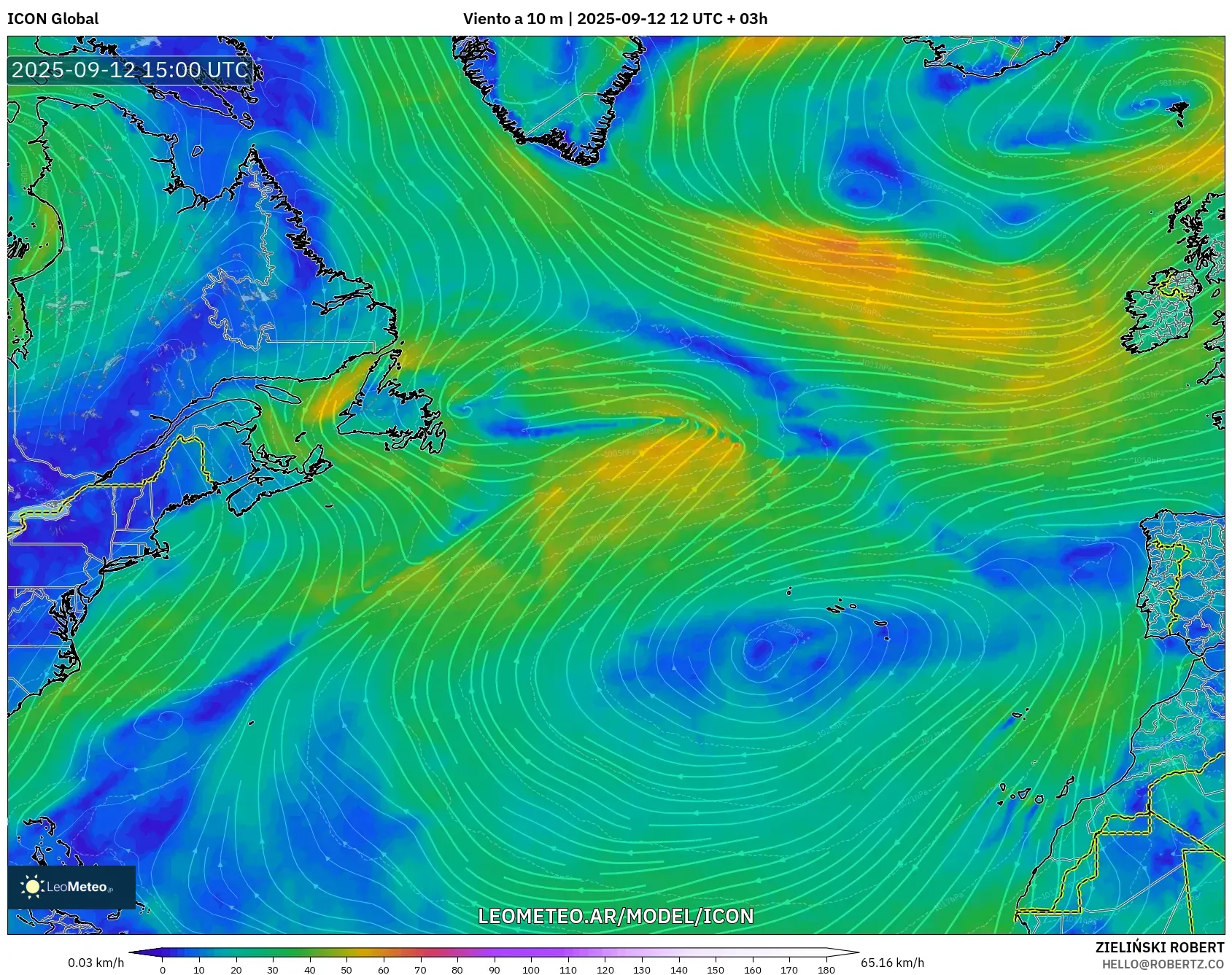 ICON model - Norte Atlántico, Viento a 10 m ICON model - Norte Atlántico, Viento a 10 m