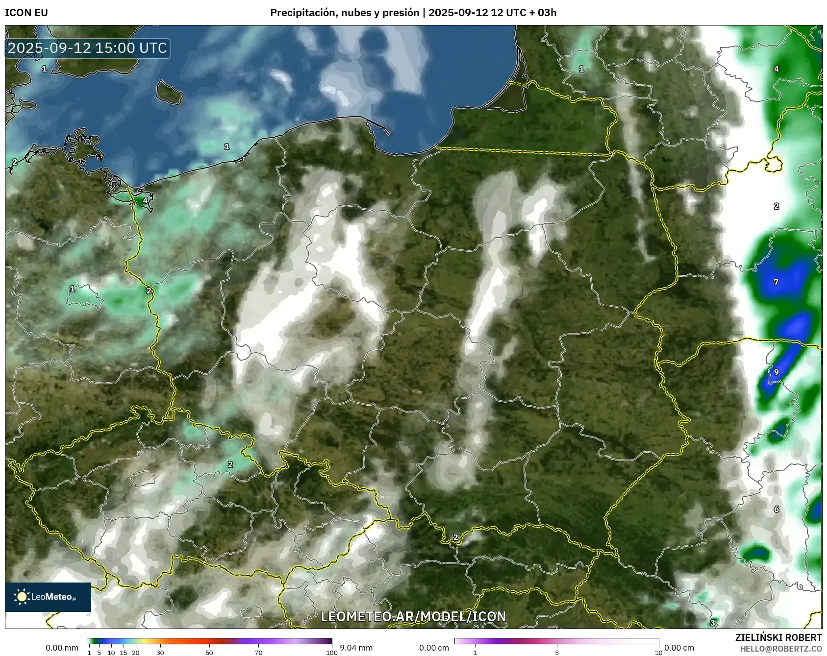ICON model - Polonia, Precipitación, nubes y presión