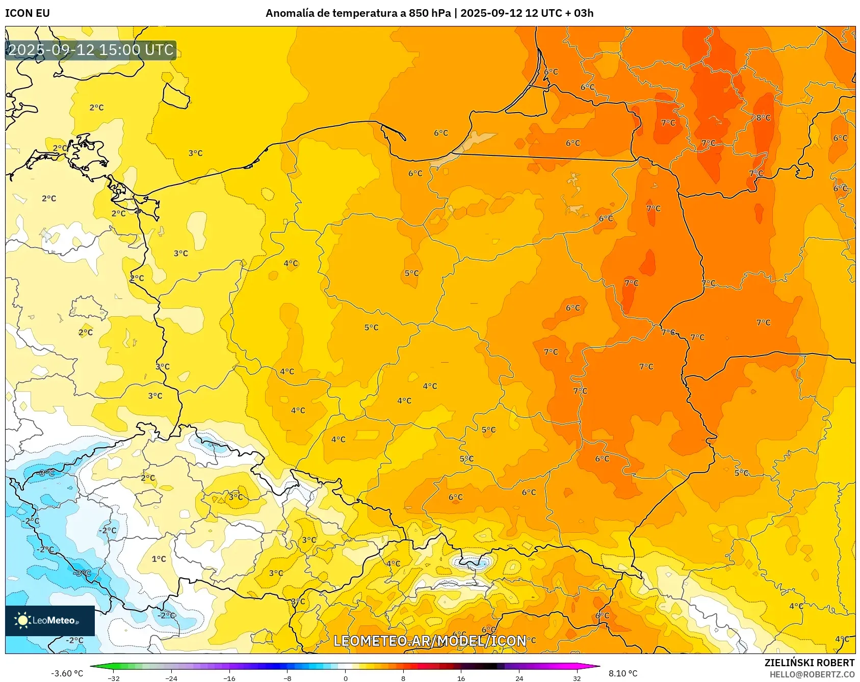 ICON model - Polonia, Anomalía de temperatura a 850 hPa ICON model - Polonia, Anomalía de temperatura a 850 hPa