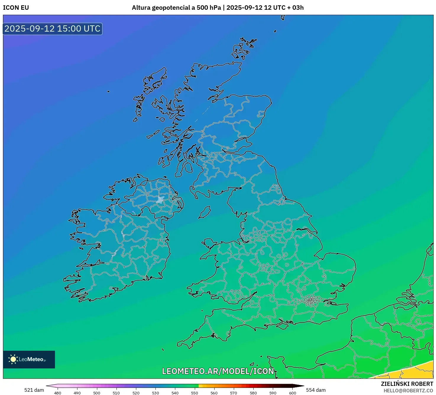 ICON model - Reino Unido, Altura geopotencial a 500 hPa