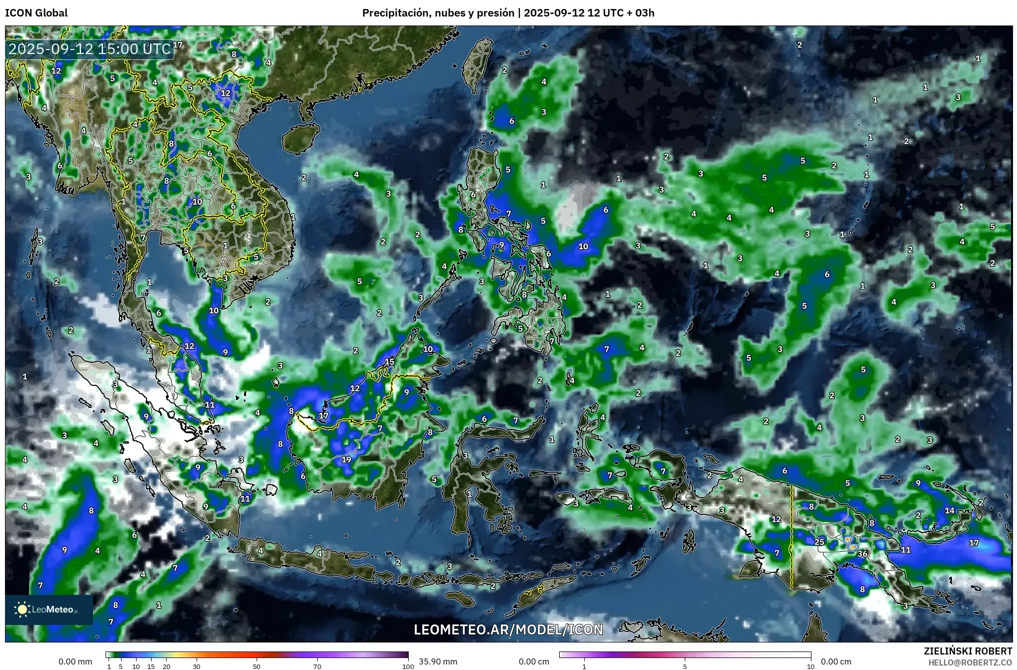 ICON model - Sudeste Asiático, Precipitación, nubes y presión ICON model - Sudeste Asiático, Precipitación, nubes y presión