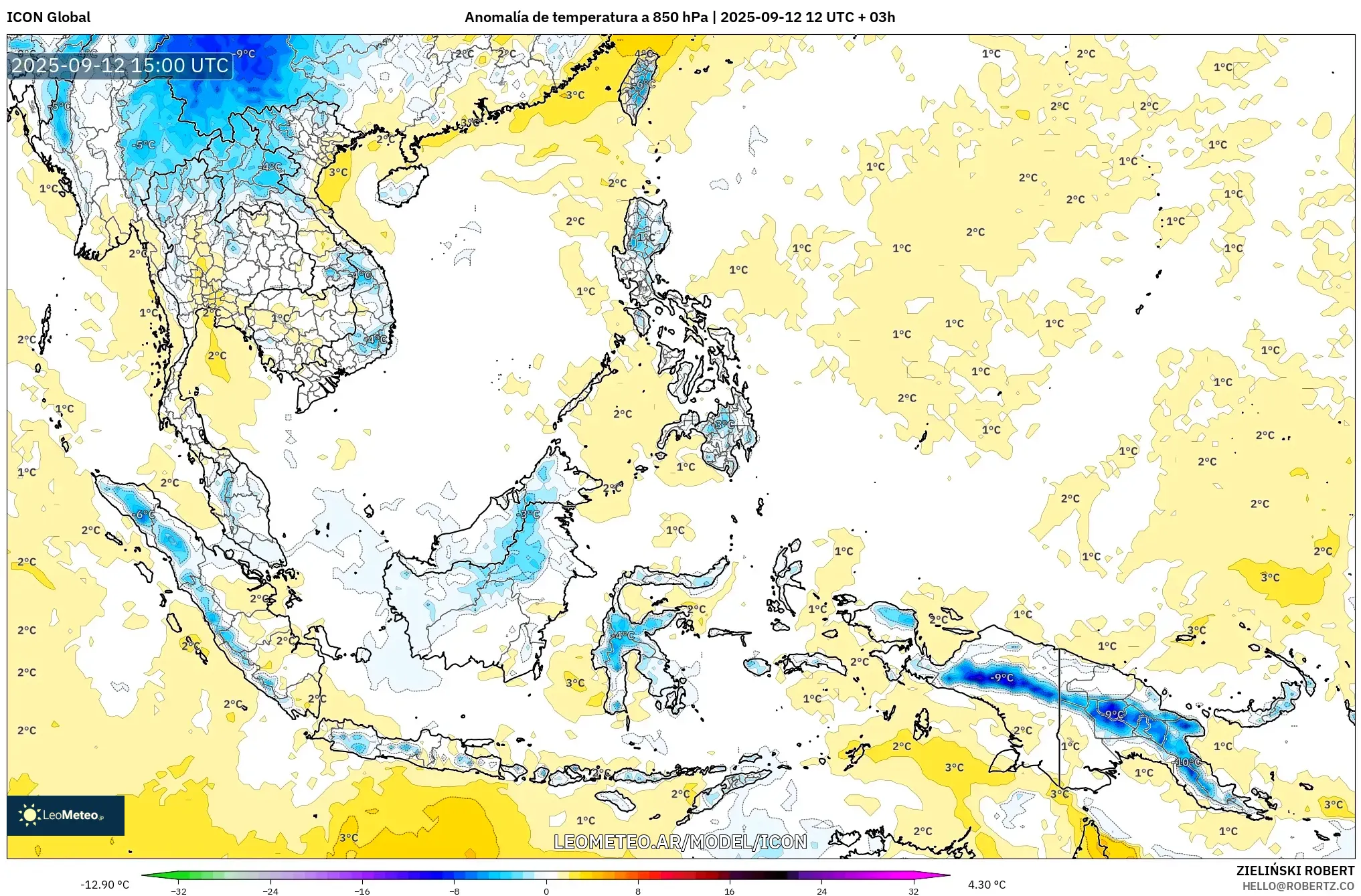 ICON model - Sudeste Asiático, Anomalía de temperatura a 850 hPa