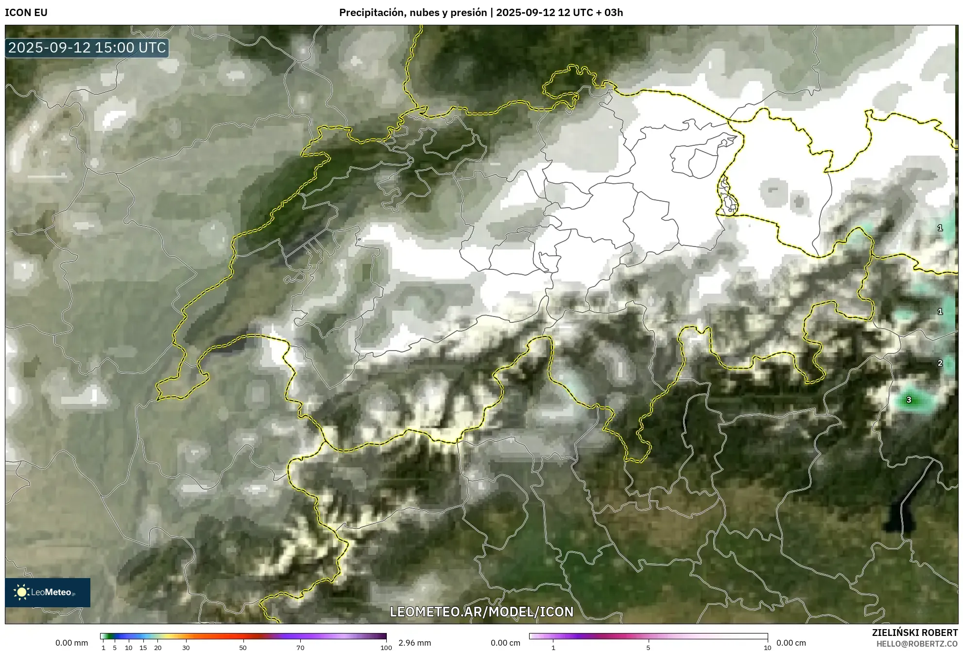 ICON model - Suiza, Precipitación, nubes y presión ICON model - Suiza, Precipitación, nubes y presión