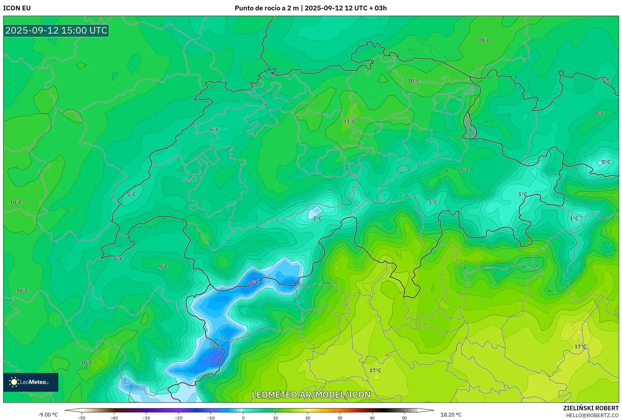 ICON model - Suiza, Punto de rocío a 2 m ICON model - Suiza, Punto de rocío a 2 m