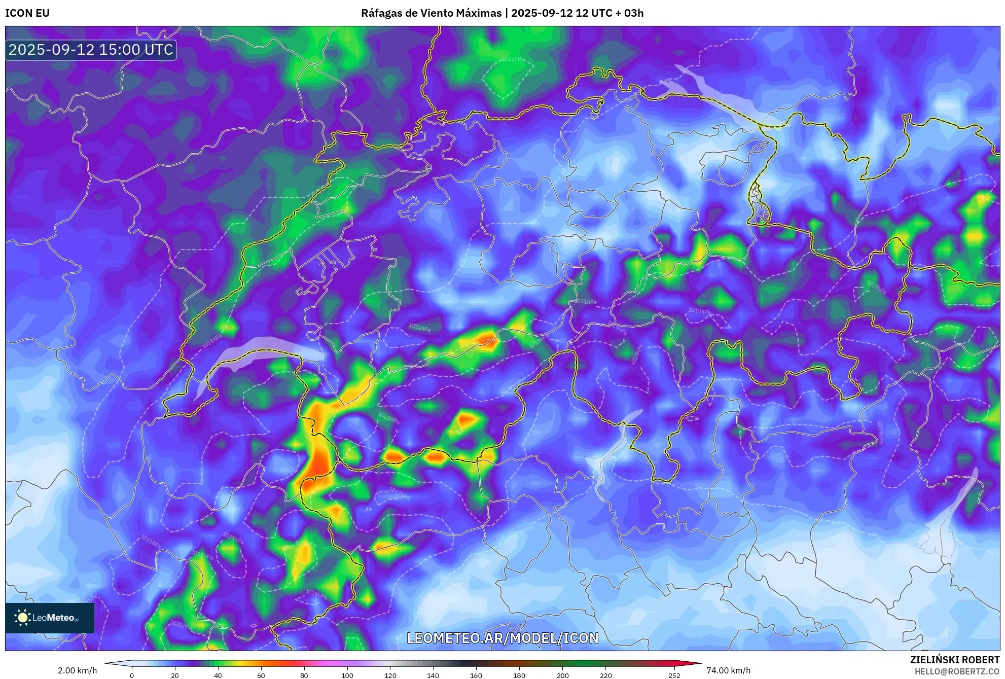 ICON model - Suiza, Ráfagas de Viento Máximas