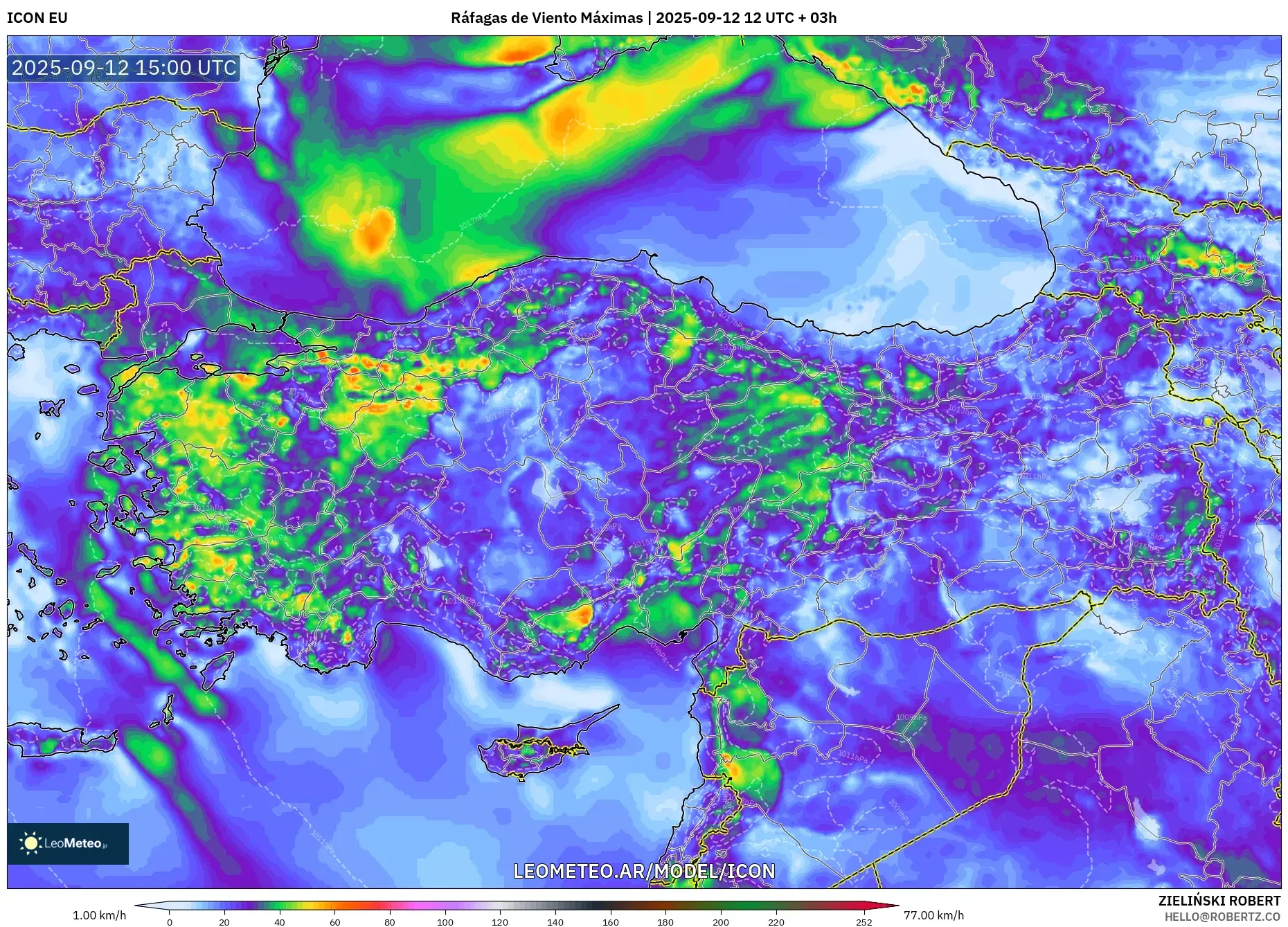 ICON model - Turquía, Ráfagas de Viento Máximas
