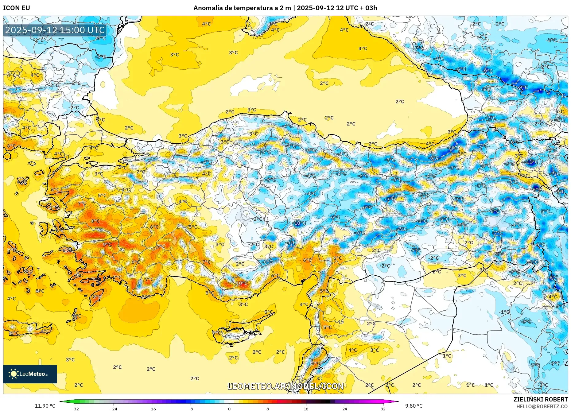 ICON model - Turquía, Anomalía de temperatura a 2 m ICON model - Turquía, Anomalía de temperatura a 2 m