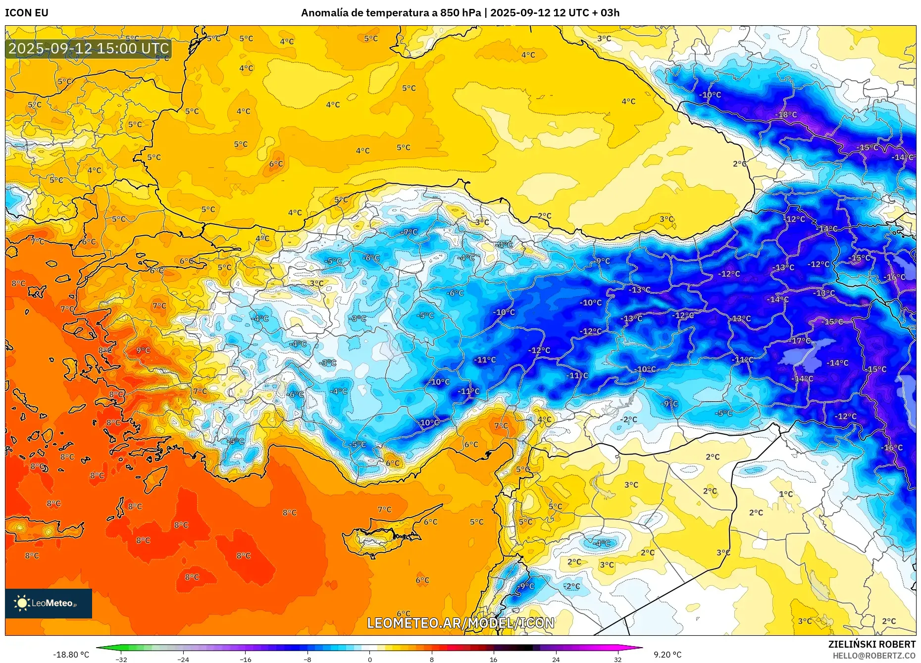 ICON model - Turquía, Anomalía de temperatura a 850 hPa ICON model - Turquía, Anomalía de temperatura a 850 hPa