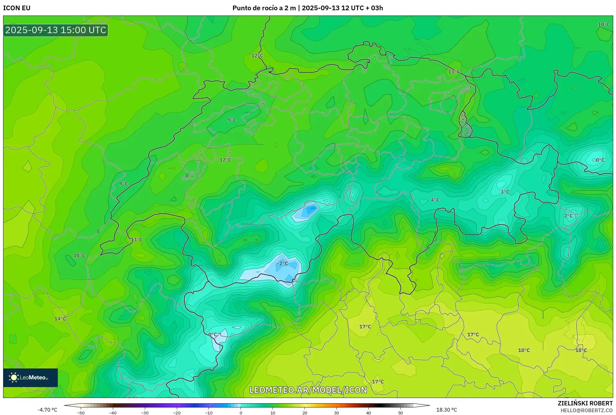 ICON model - Suiza, Punto de rocío a 2 m ICON model - Suiza, Punto de rocío a 2 m