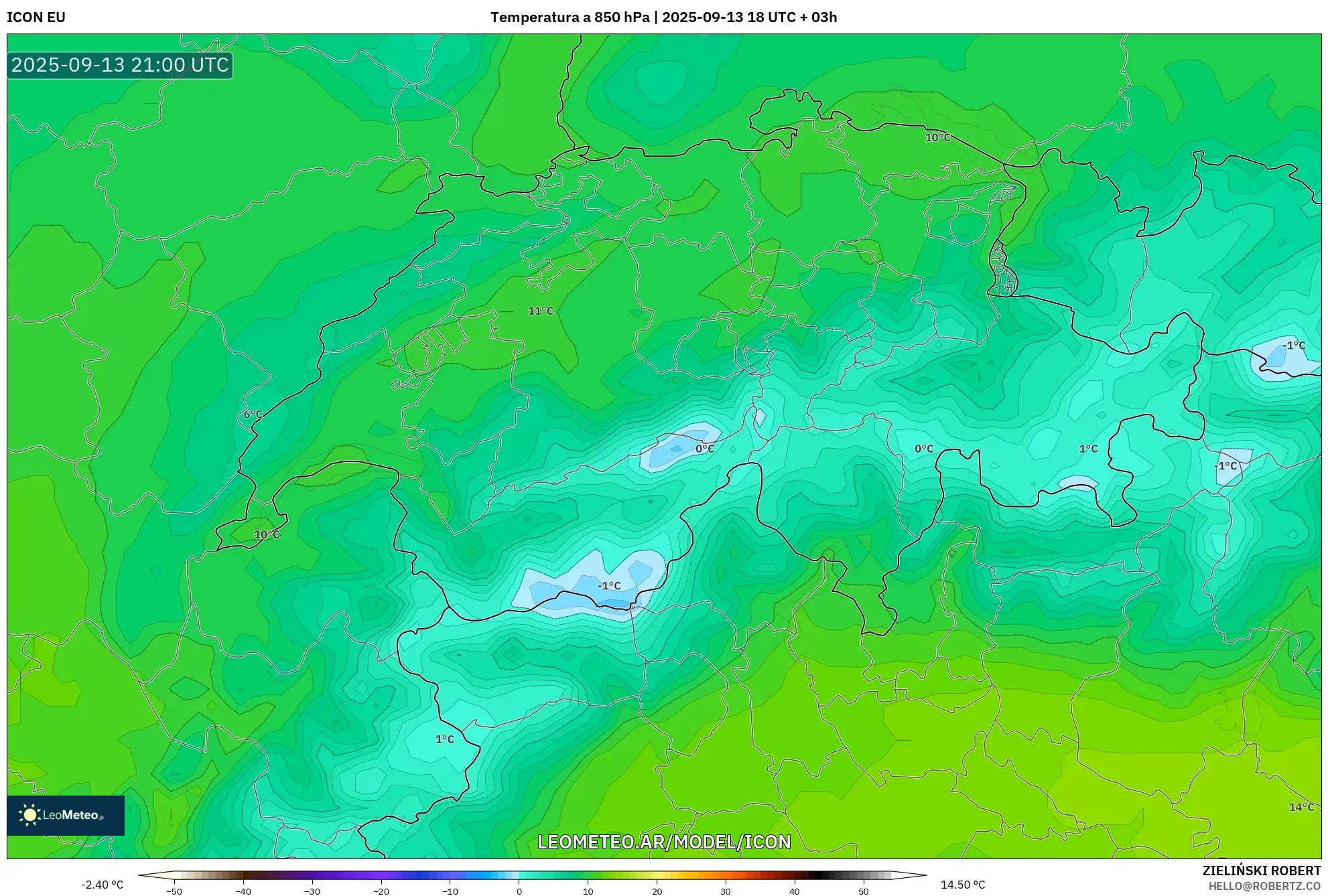 ICON model - Suiza, Temperatura a 850 hPa ICON model - Suiza, Temperatura a 850 hPa