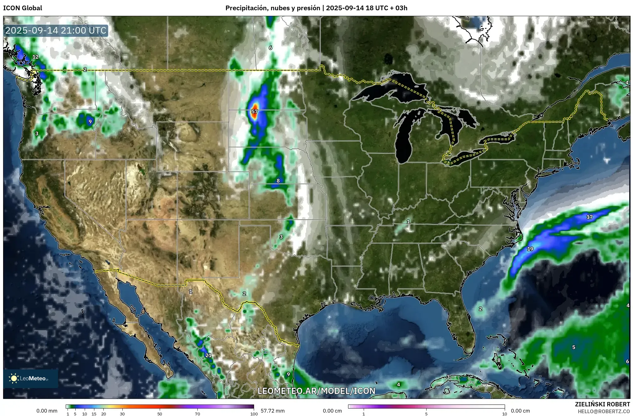 ICON model - Estados Unidos, Precipitación, nubes y presión ICON model - Estados Unidos, Precipitación, nubes y presión