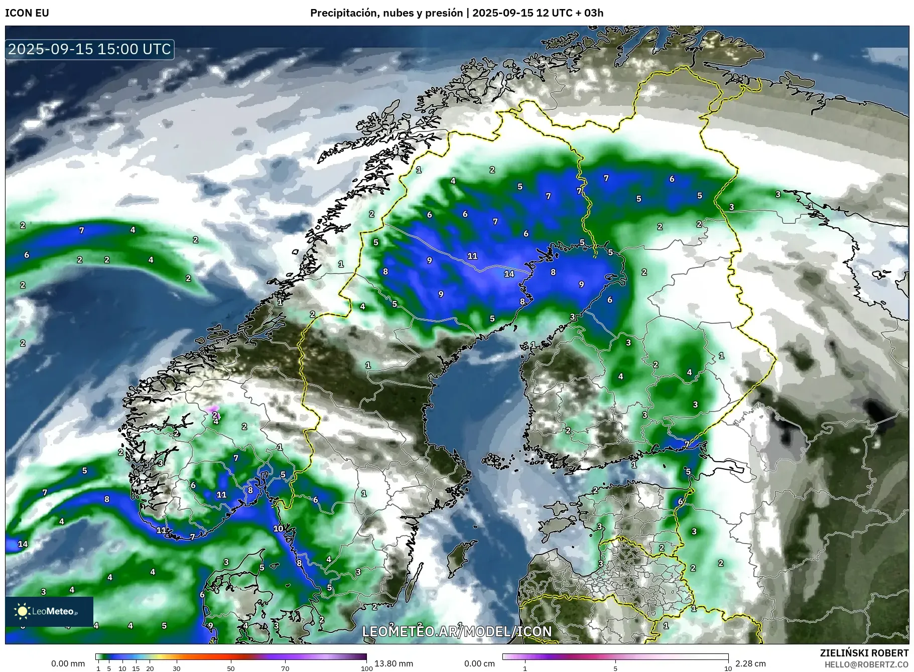 ICON model - Escandinavia, Precipitación, nubes y presión ICON model - Escandinavia, Precipitación, nubes y presión