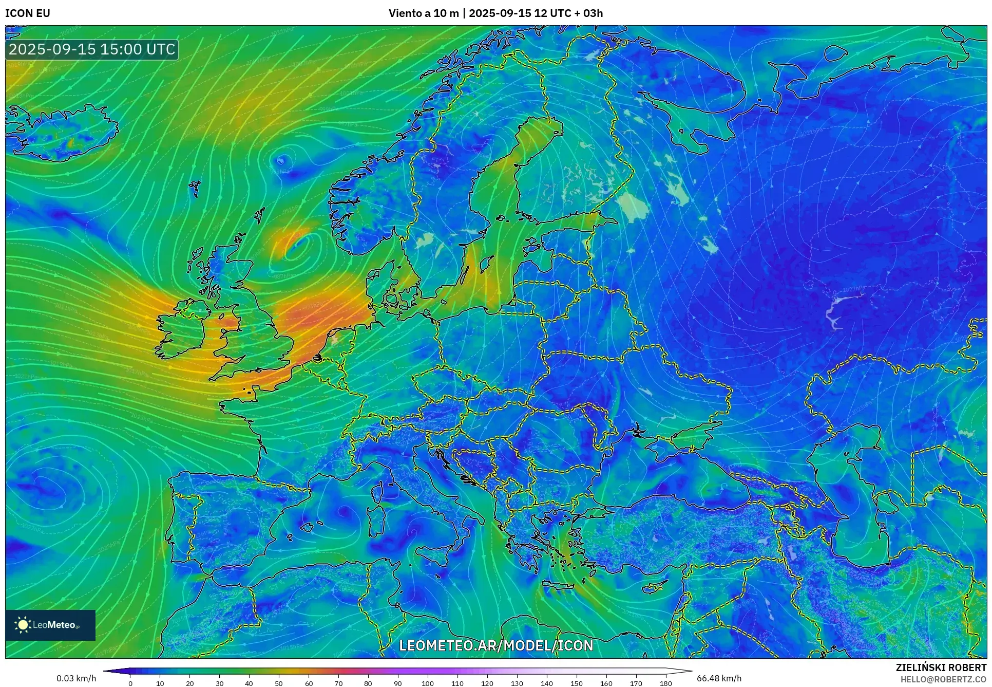 ICON model - Europa, Viento a 10 m