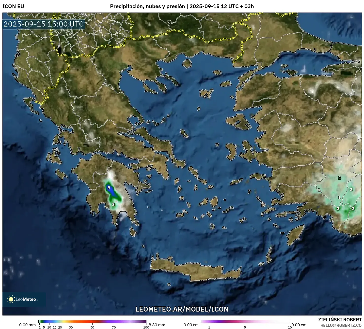 ICON model - Grecia, Precipitación, nubes y presión