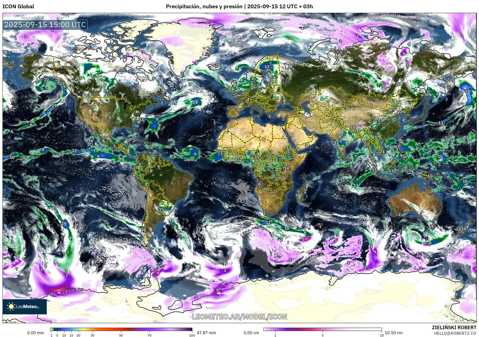 ICON model - Mundo, Precipitación, nubes y presión