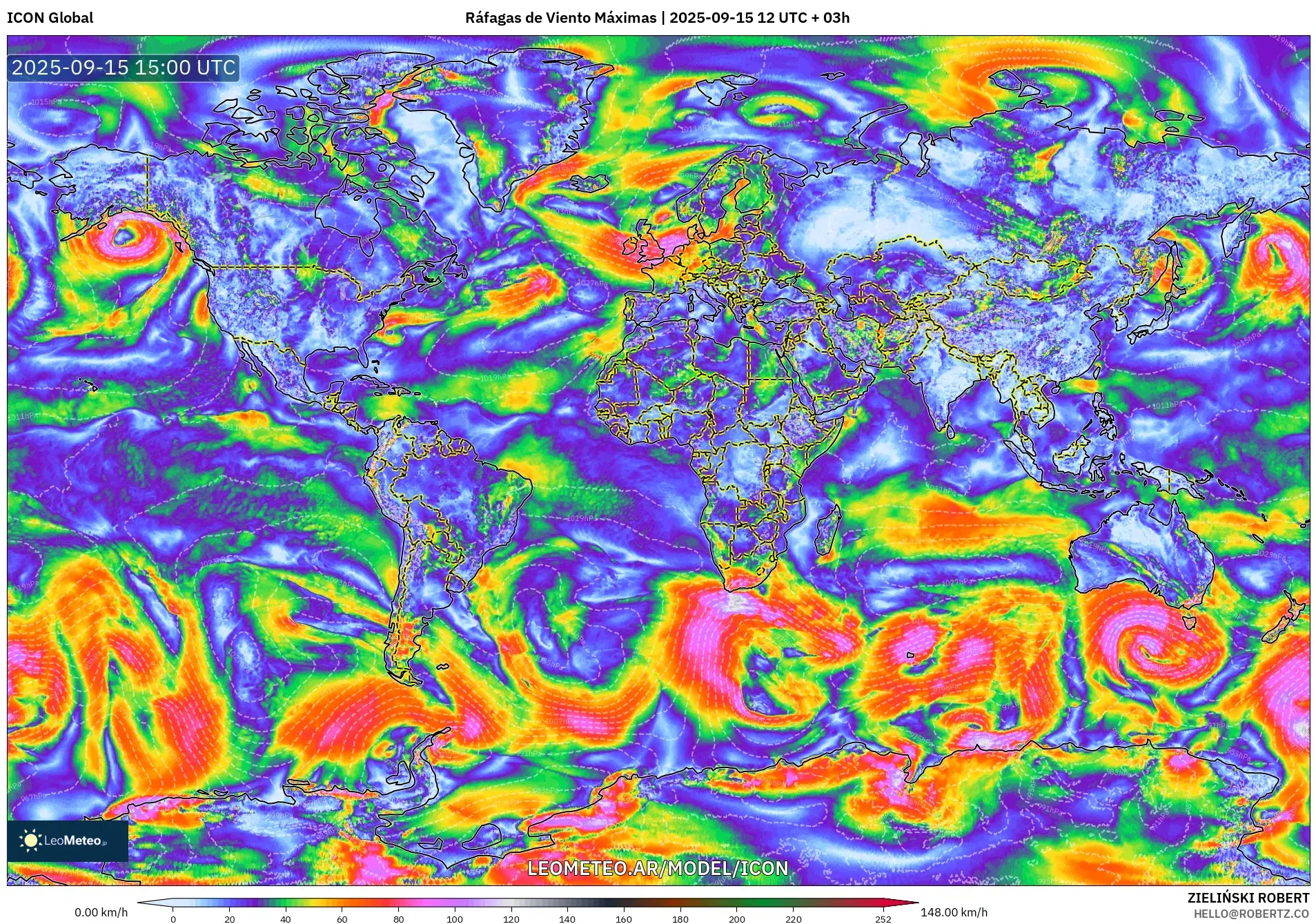 ICON model - Mundo, Ráfagas de Viento Máximas