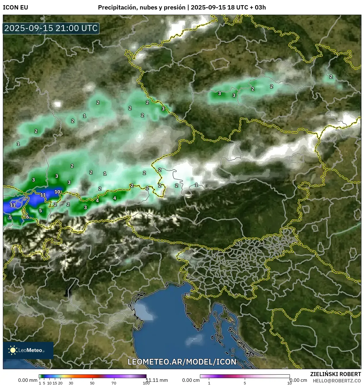 ICON model - Austria, Precipitación, nubes y presión ICON model - Austria, Precipitación, nubes y presión
