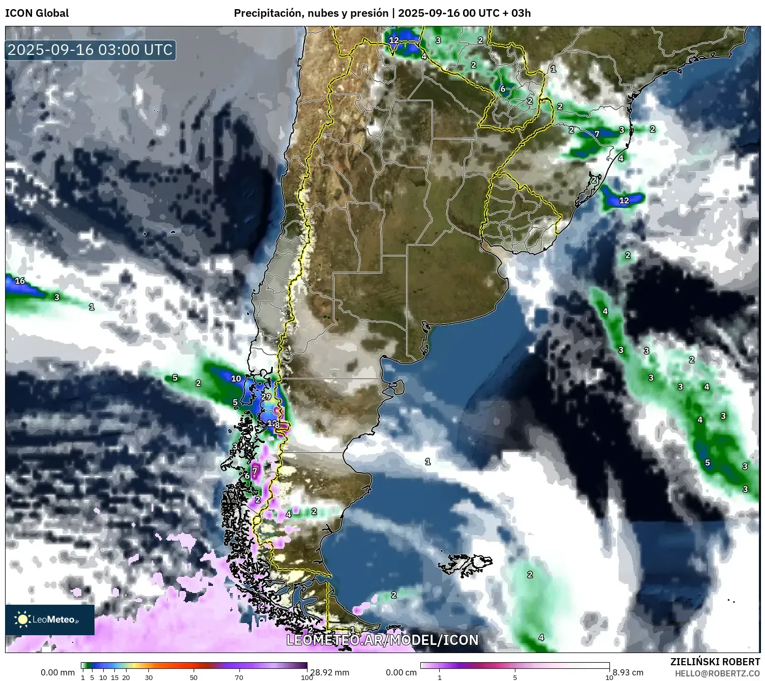 ICON model - Argentina, Precipitación, nubes y presión