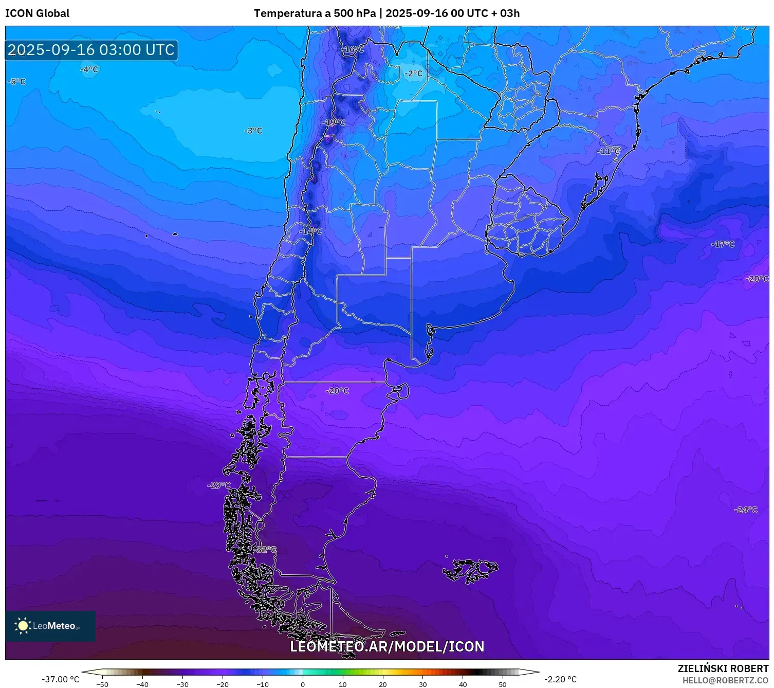 ICON model - Argentina, Temperatura a 500 hPa ICON model - Argentina, Temperatura a 500 hPa