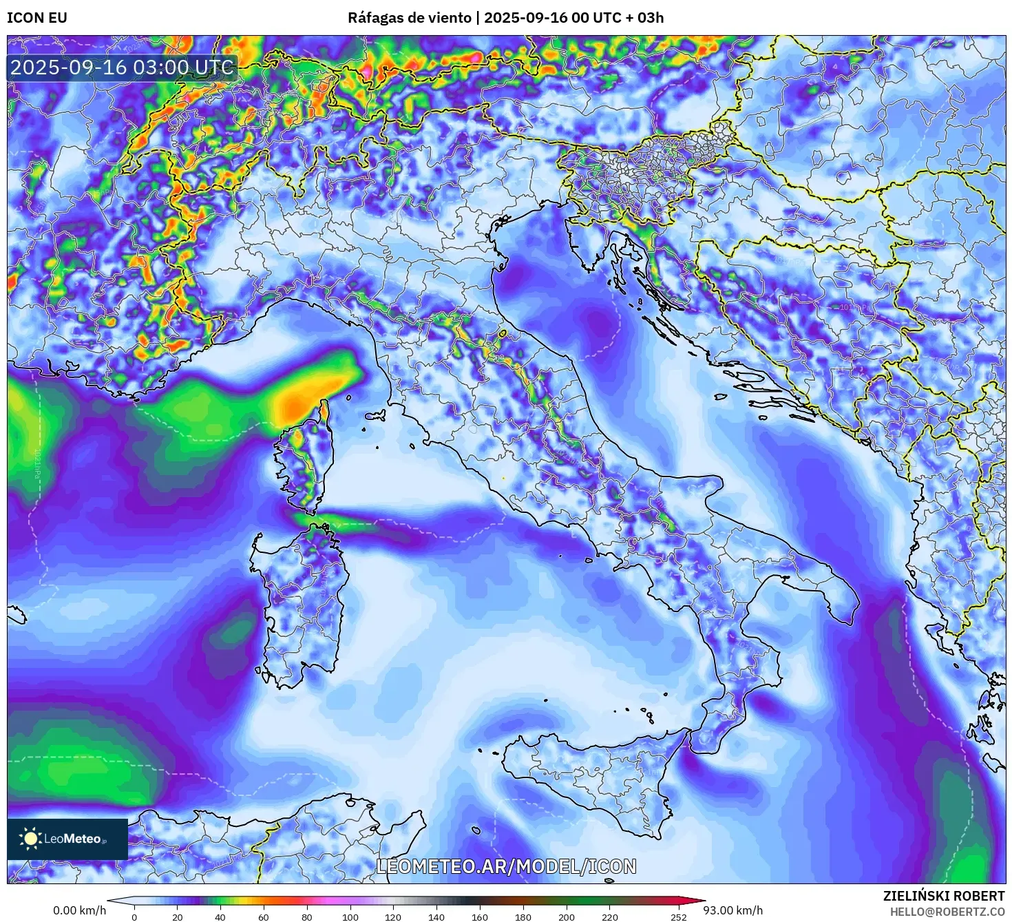 ICON model - Italia, Ráfagas de viento